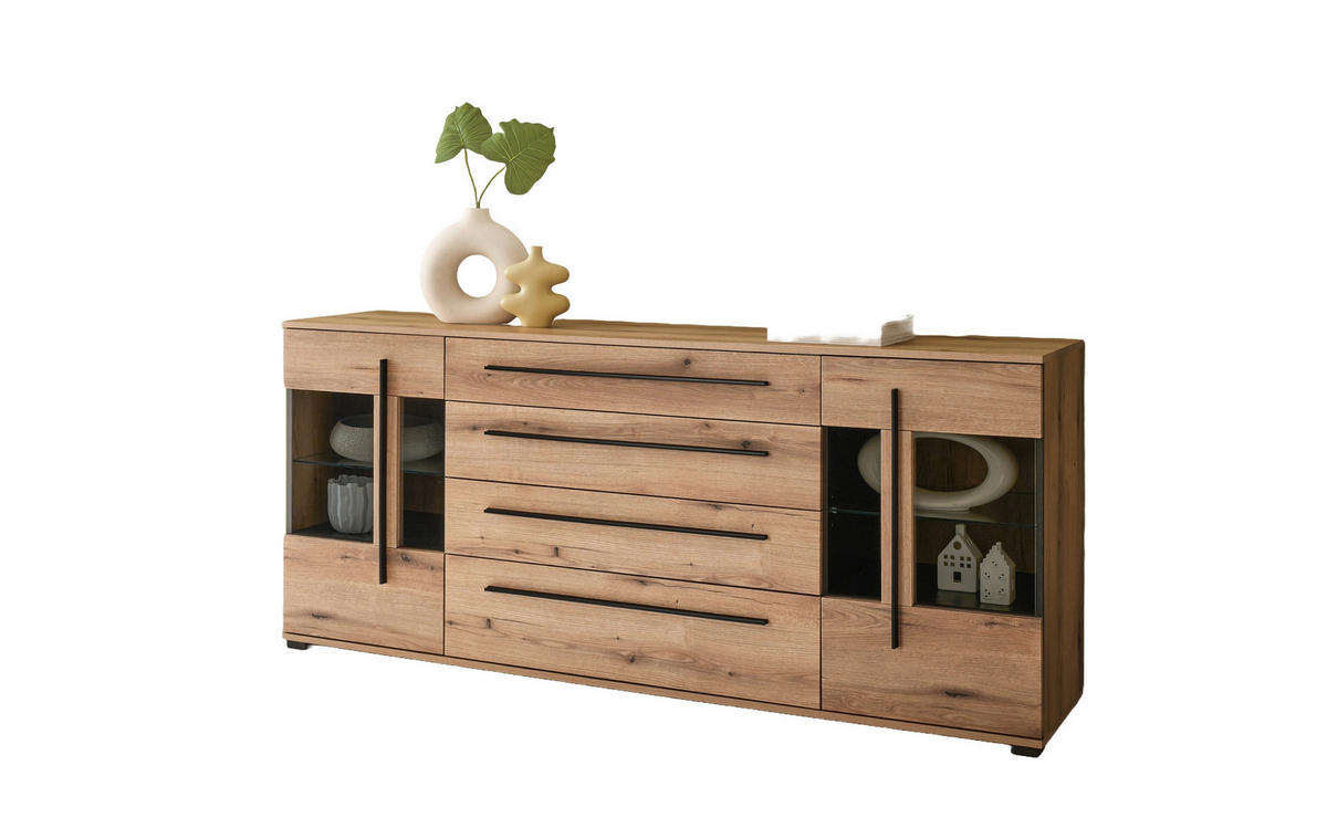 SIDEBOARD  200/86/42 cm 4 Schublade(n)  - Eichefarben/Schwarz, Design, Glas/Holzwerkstoff (200/86/42cm) - Livetastic