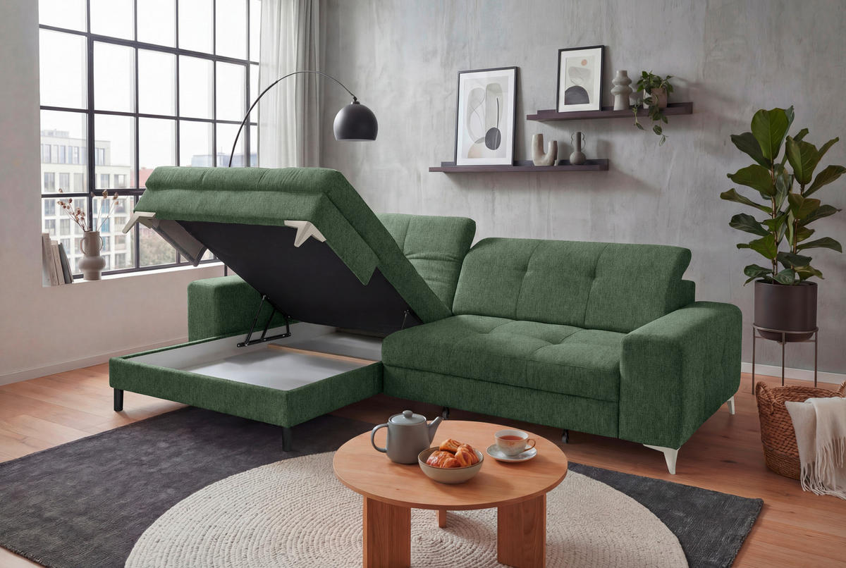 ECKSOFA SORELLA Dunkelgrün Mikrovelours Kopfteilverstellung, Sitztiefenverstellung  - Kaschmir/Dunkelgrün, Design, Kunststoff/Textil (182/328cm) - MID.YOU