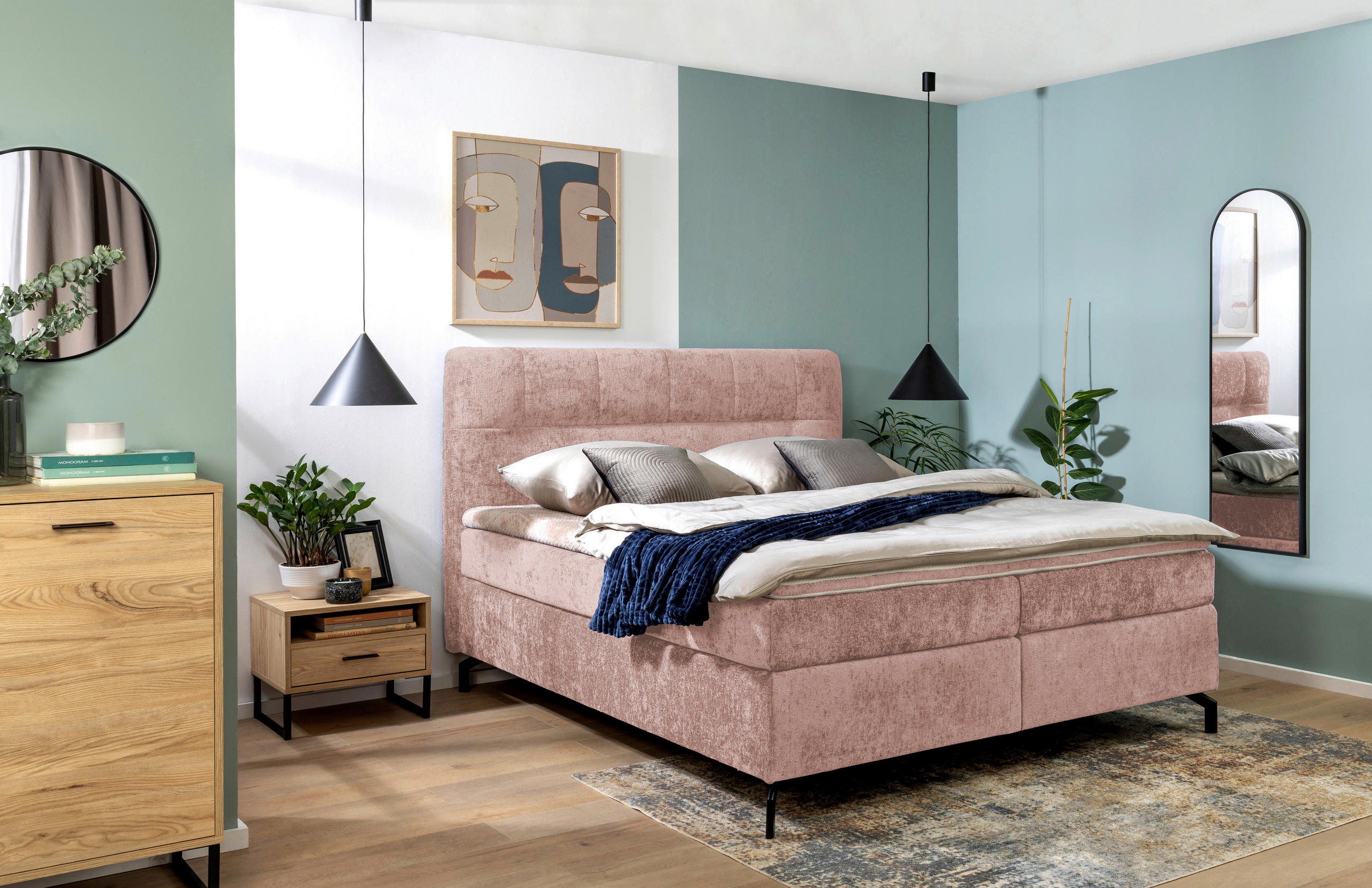 Thumbnail - Esposa Boxspringbett, Rosa, Textil, H3, Höhe ca. 17 cm, 180x200 cm, Stoffauswahl, Topper durchgehend, Matratze in versch...