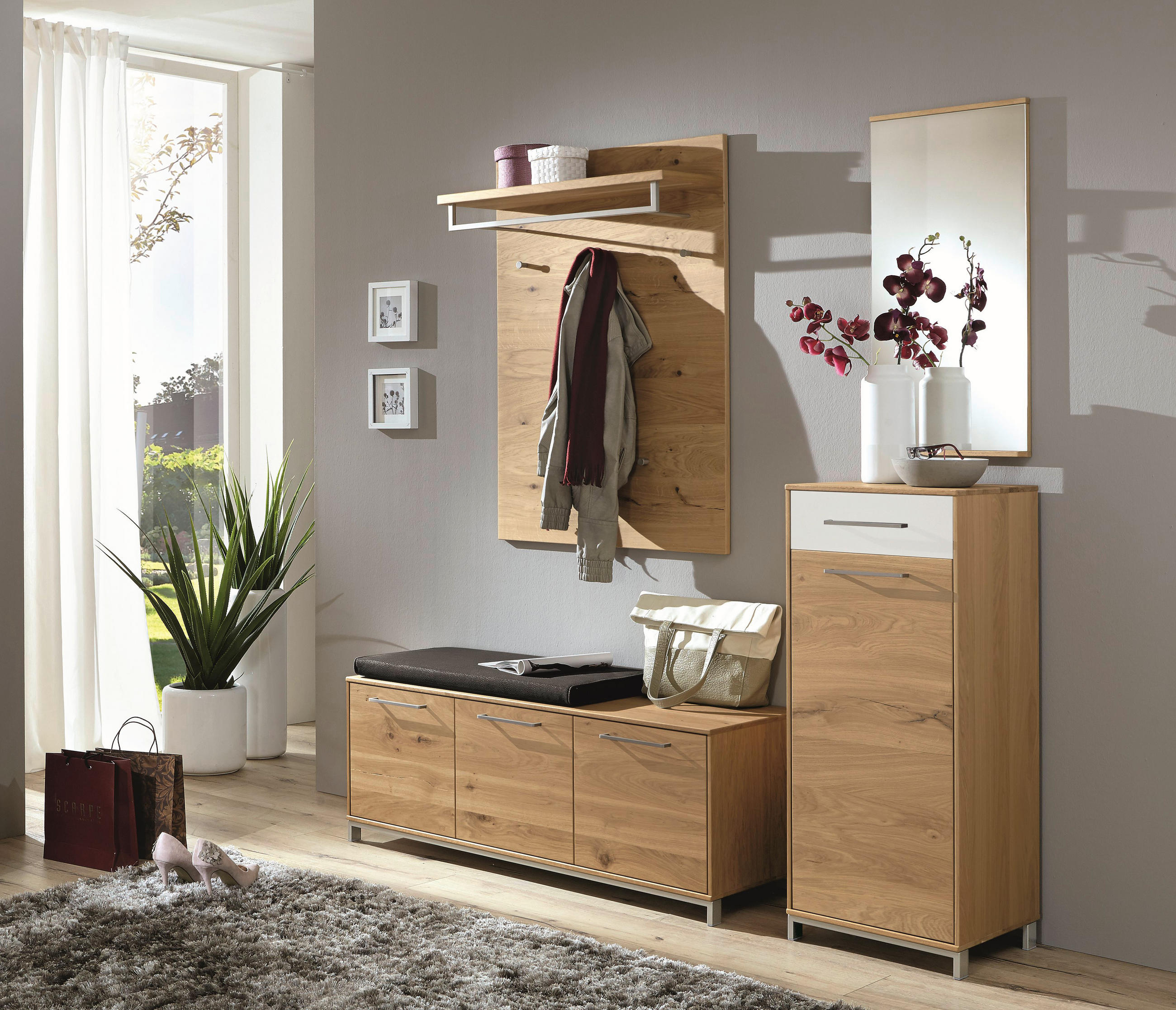 GARDEROBE 5-teilig in 180/195/40 cm - Eichefarben/Weiß, Design, Glas/Holz (180/195/40cm)