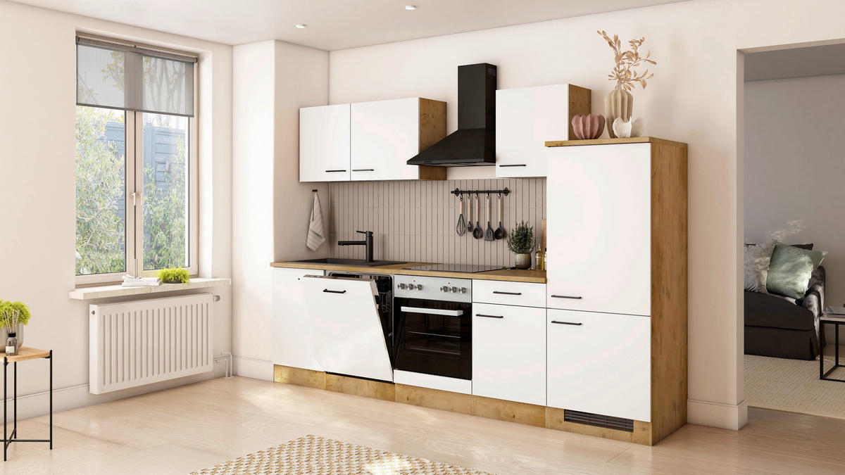 KÜCHENBLOCK 280 cm  in Eichefarben, Magnolie  - Eichefarben/Magnolie, Trend, Holzwerkstoff/Metall (280cm) - FlexWell