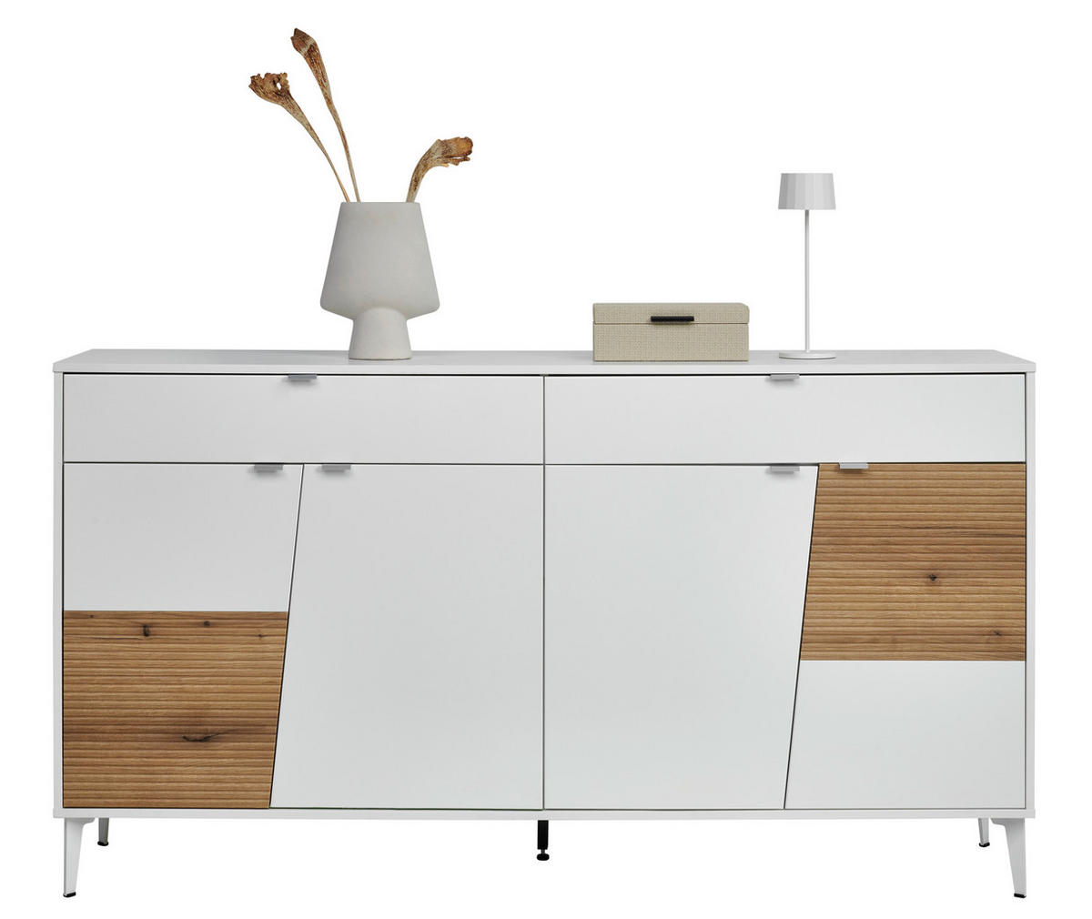 SIDEBOARD Weiß, Eichefarben  182/98/40 cm  - Eichefarben/Silberfarben, KONVENTIONELL, Holzwerkstoff/Metall (182/98/40cm) - Stylife