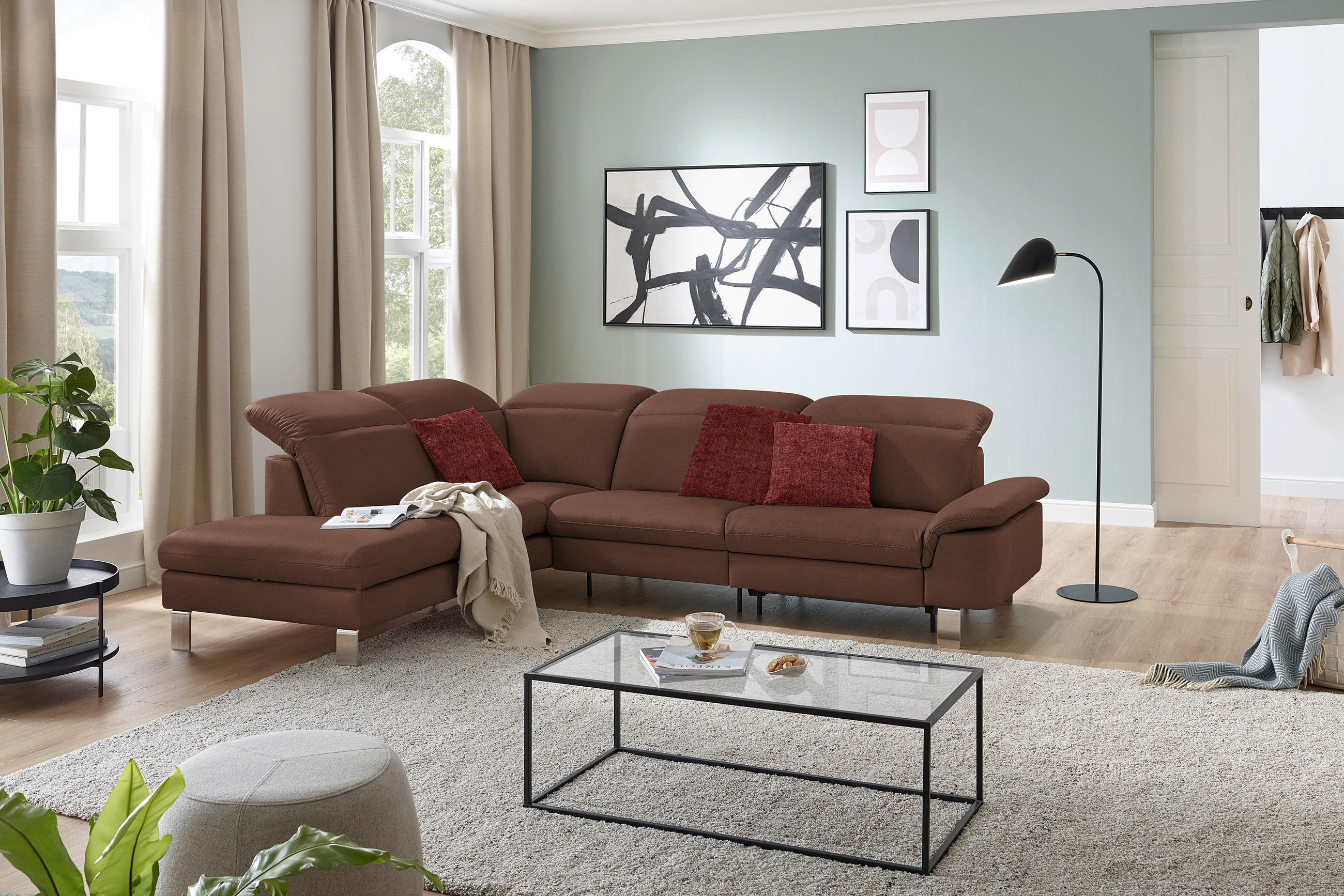 ECKSOFA in Echtleder Braun  233/309 cm  - Edelstahlfarben/Braun, Design, Leder/Metall (233/309cm) - Dieter Knoll