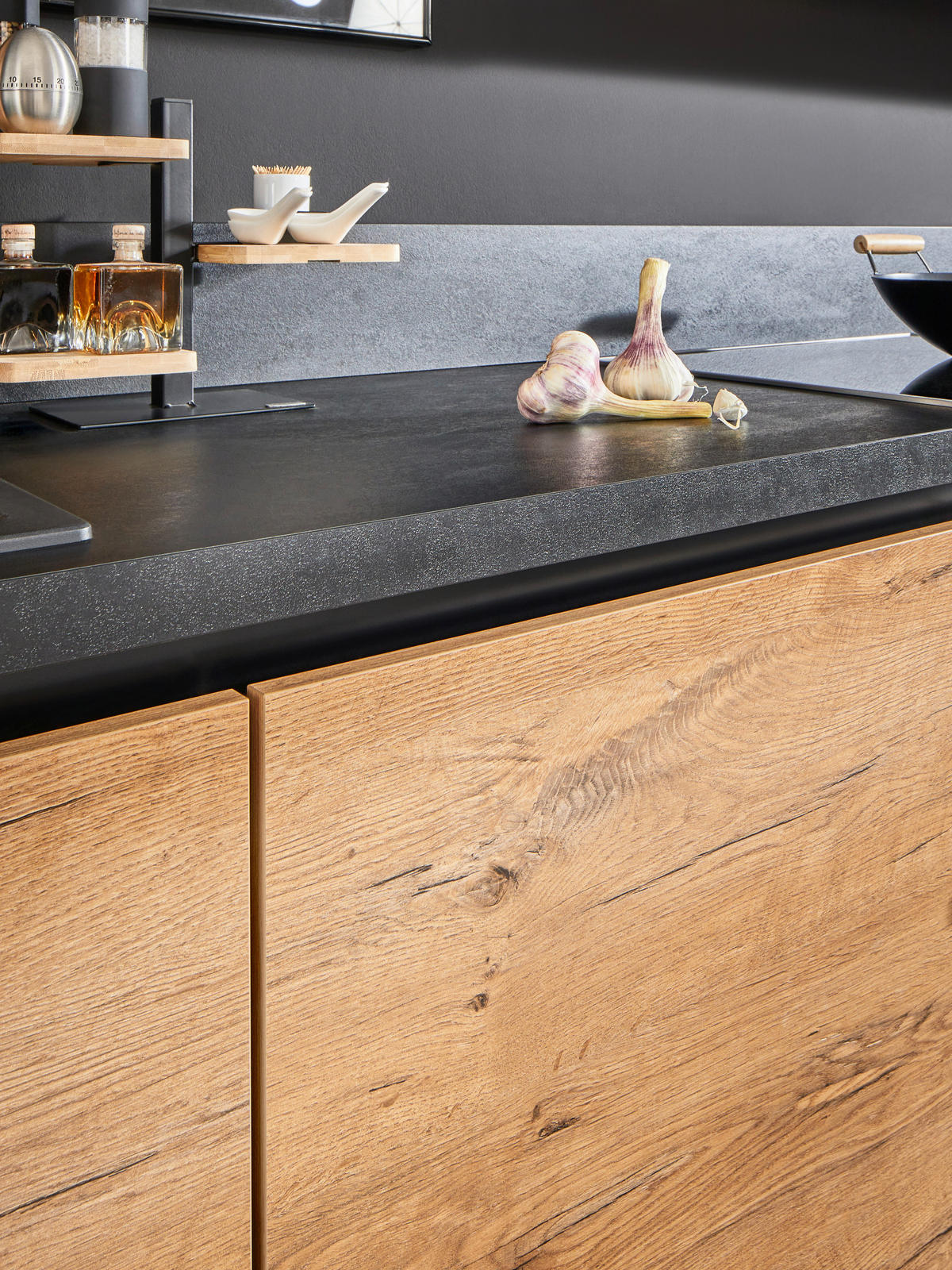 EINBAUKÜCHE   - Eichefarben/Schwarz, Basics, Holzwerkstoff - Venda