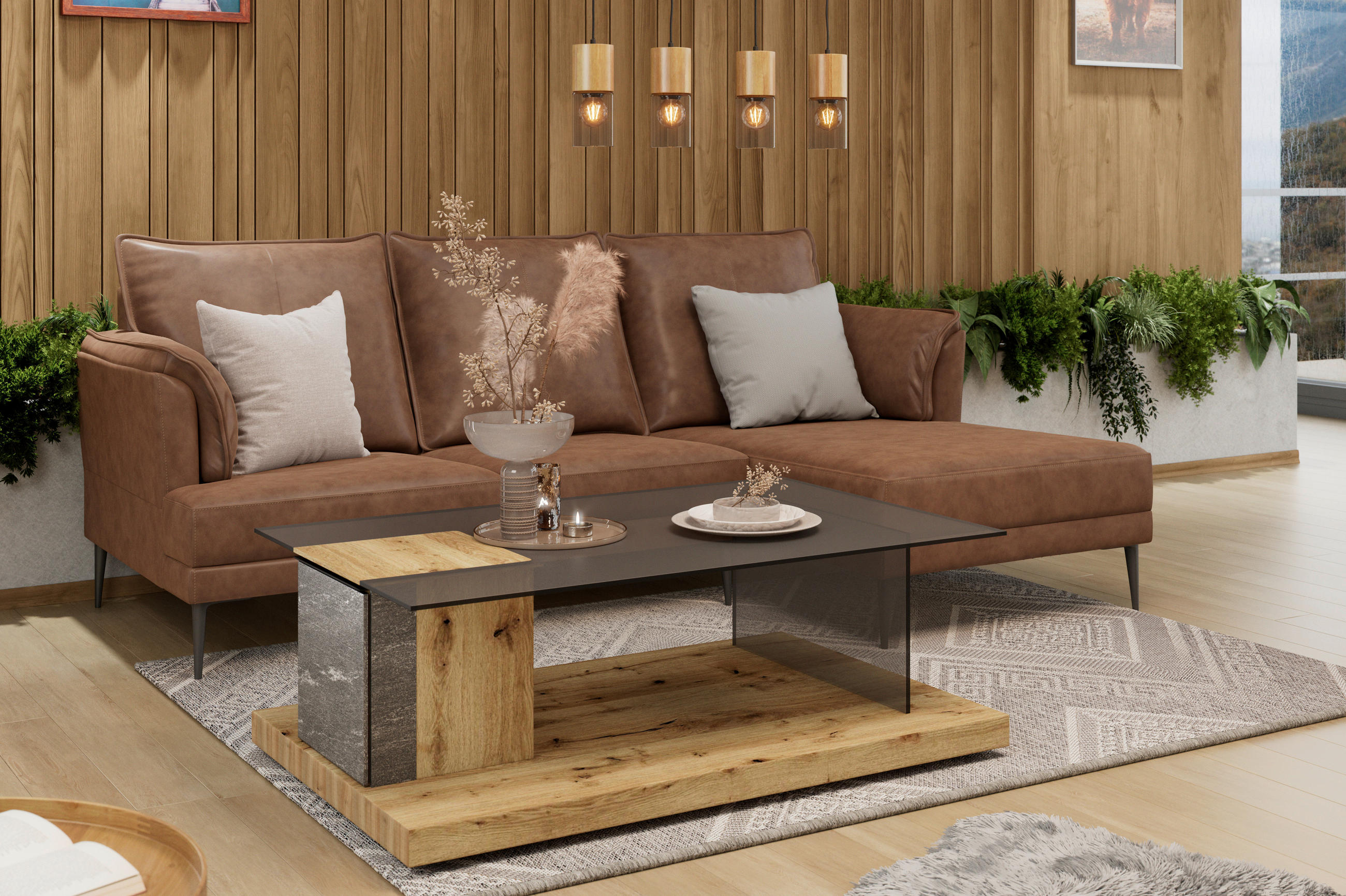 DOHÁNYZÓASZTAL fa, Üveg, kő   - Design, műanyag/kő (120,6/42,3/75,6cm) - Voglauer