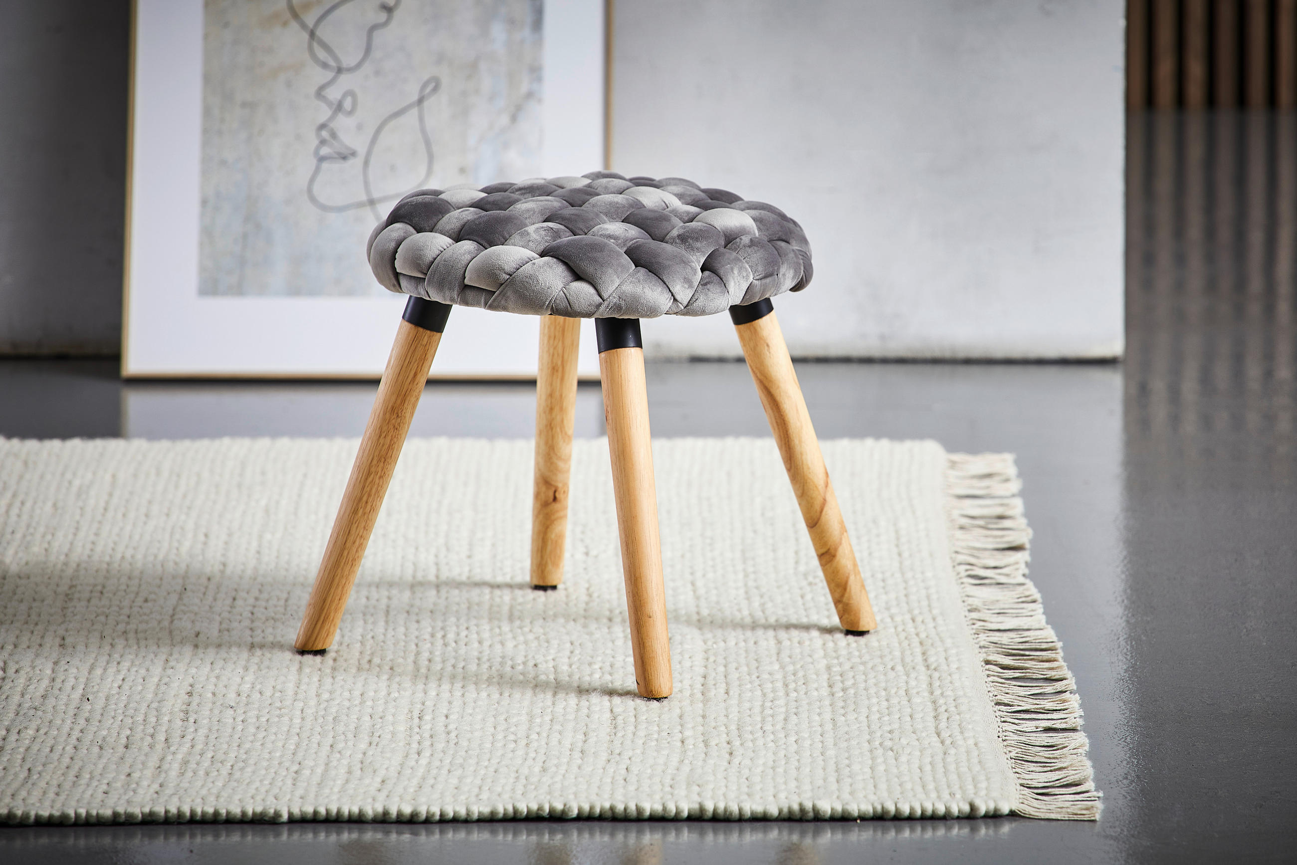HOCKER Samt Kautschukholz Grau  - Hellbraun/Naturfarben, Trend, Holz/Textil (40/40/40cm) - Xora