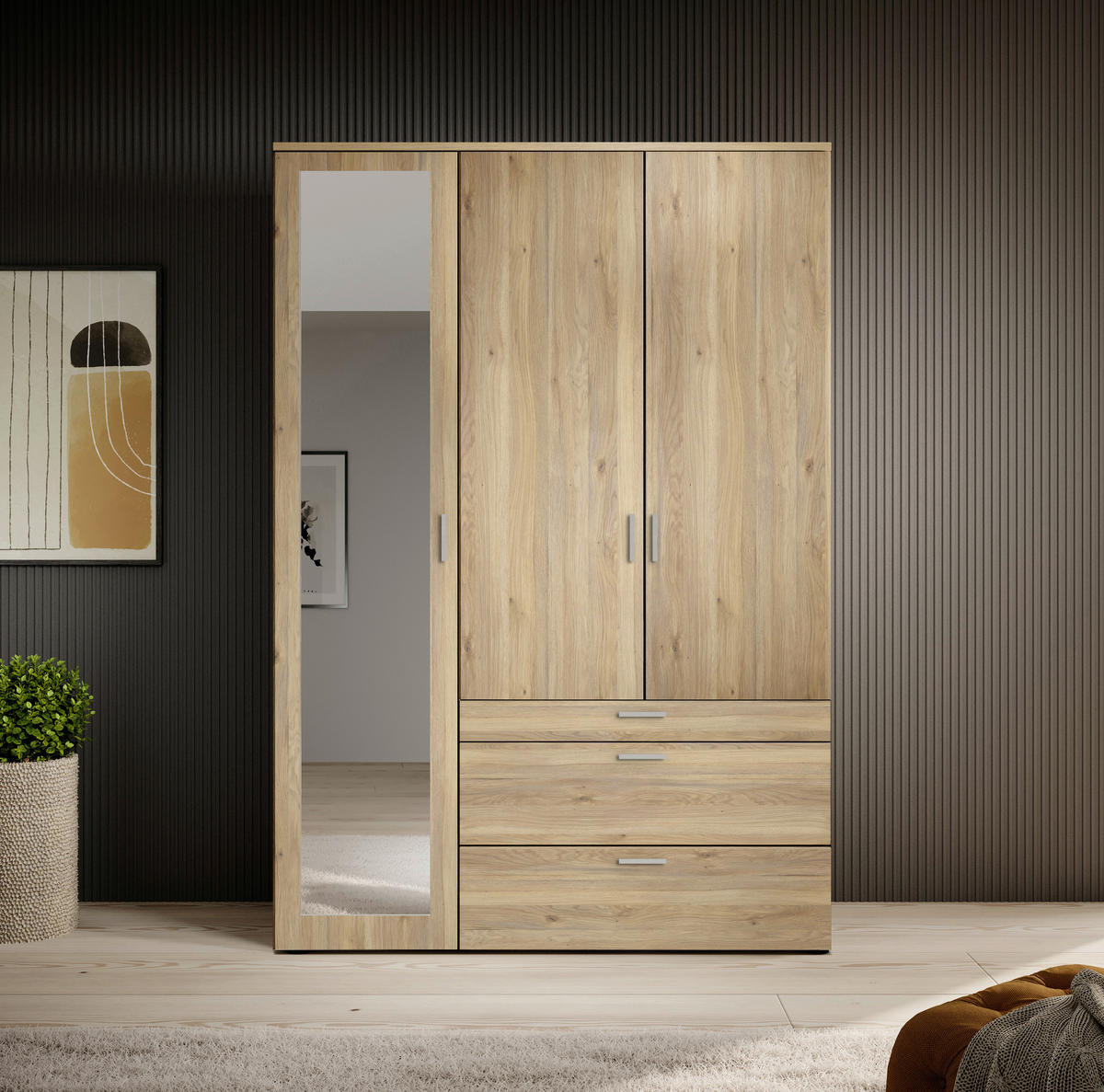 OMARA S KLASIČNIMI VRATI, barve hrasta  - barve hrasta/barve aluminija, Moderno, umetna masa/steklo (135/195/56cm) - Livetastic