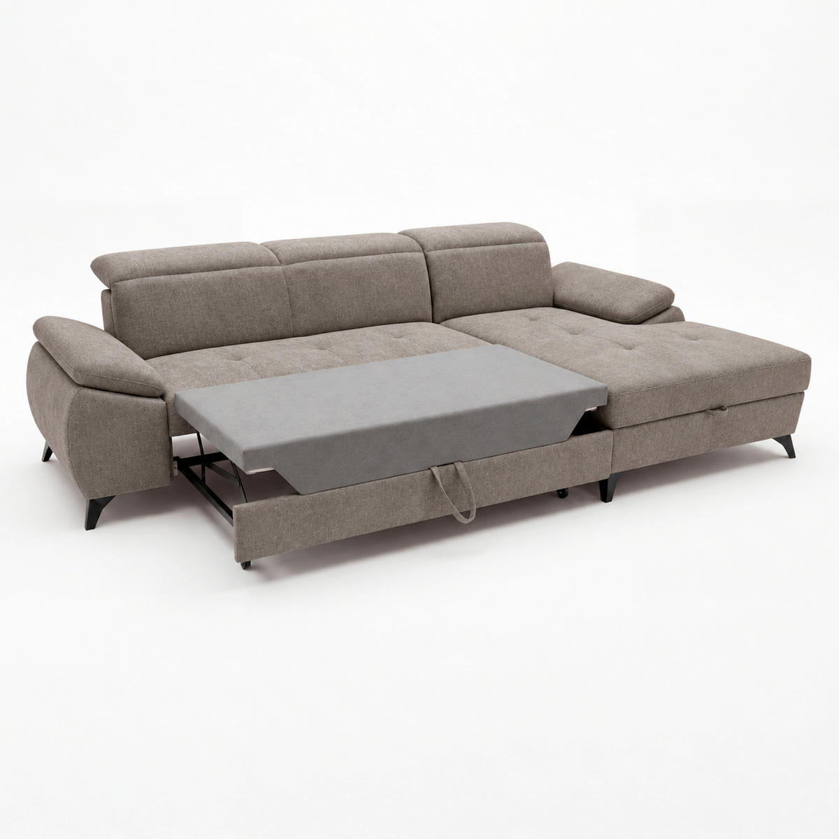 ECKSOFA TAOS Braun Struktur Bettkasten, Schlaffunktion, Rücken echt, Kopfteilverstellung  - Schwarz/Braun, Basics, Holz/Textil (281/166cm) - MID.YOU
