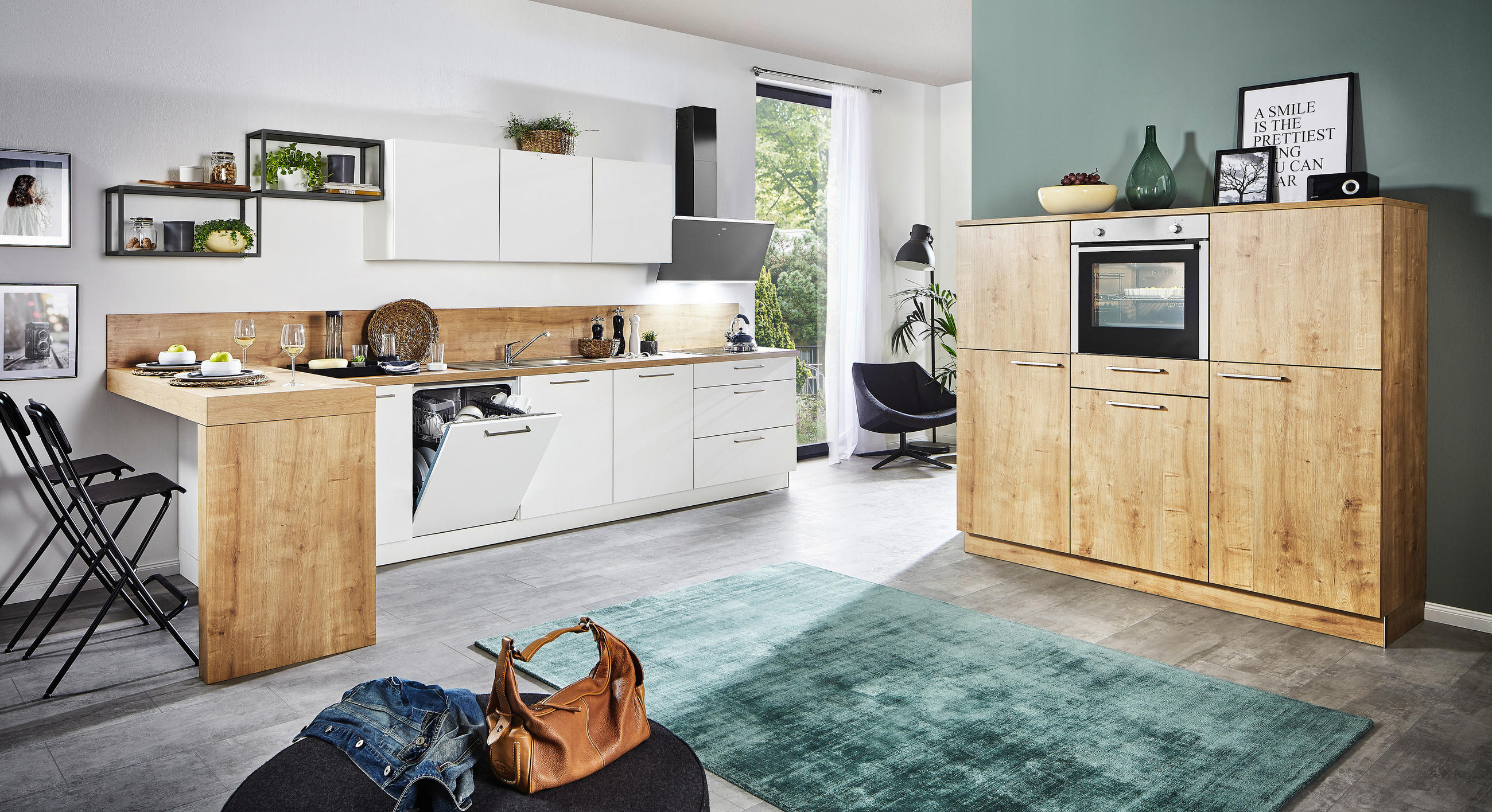 EINBAUKÜCHE MANHATTAN UNI  - Eichefarben/Weiß, Design, Holzwerkstoff/Kunststoff - Nolte Küchen
