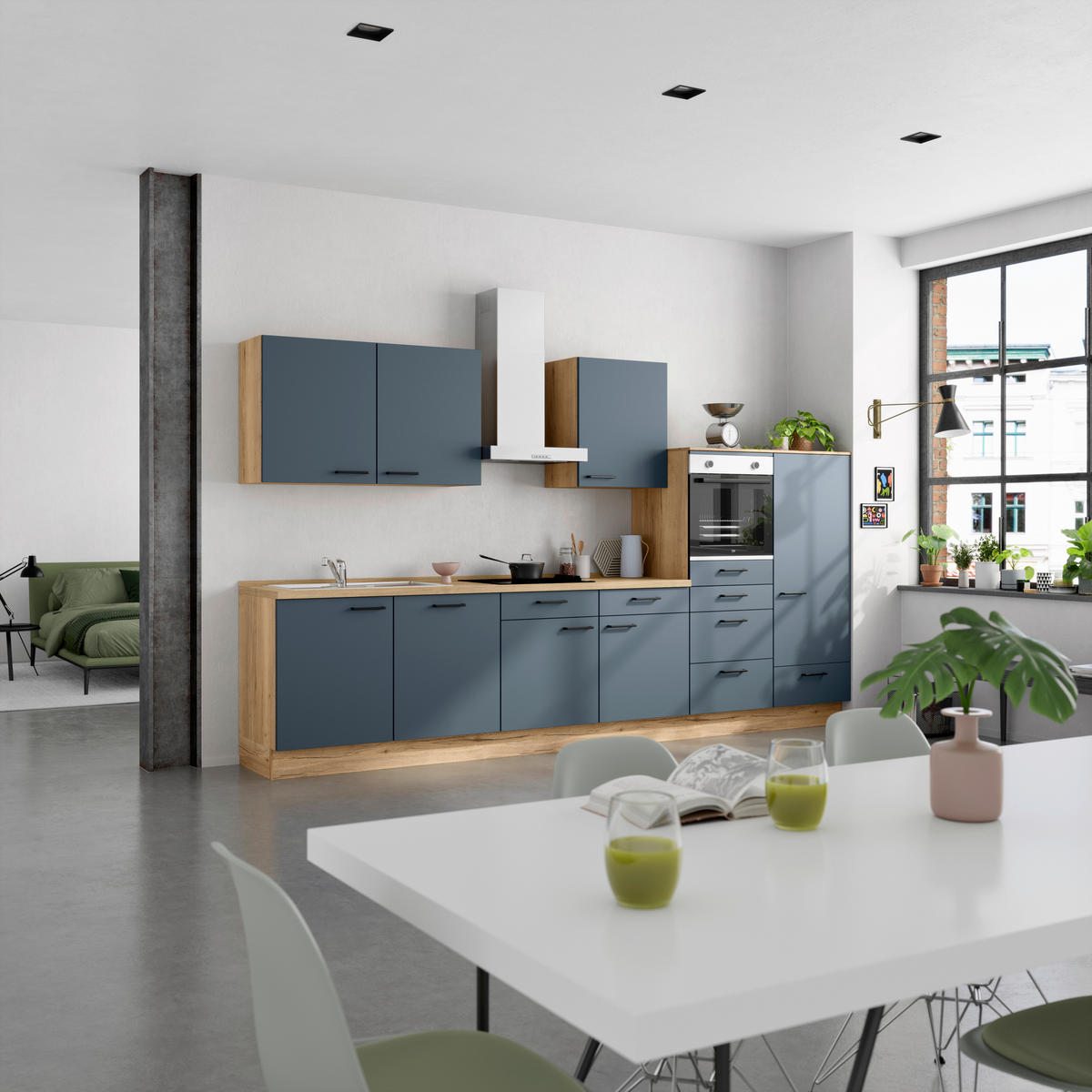 KÜCHENBLOCK Easytouch 360 cm  in Blau, Eichefarben  - Blau/Eichefarben, MODERN, Holzwerkstoff/Metall (360cm) - Nobilia