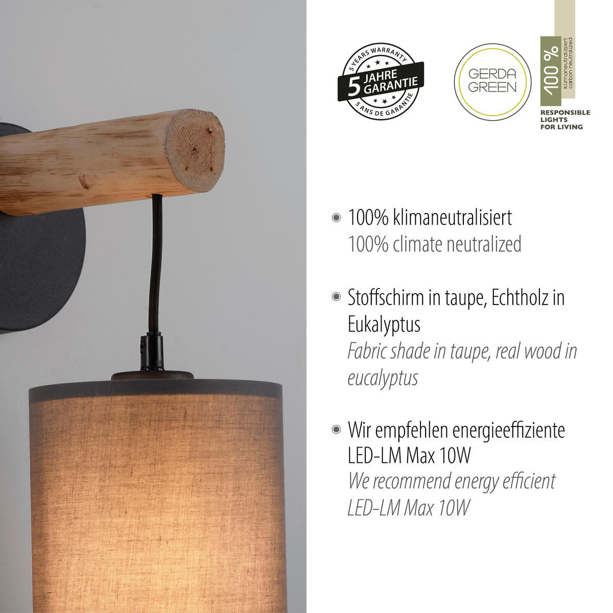WANDLEUCHTE Tribu 21/13,5/29,5 cm   - Natur, Holz/Kunststoff (21/13,5/29,5cm)