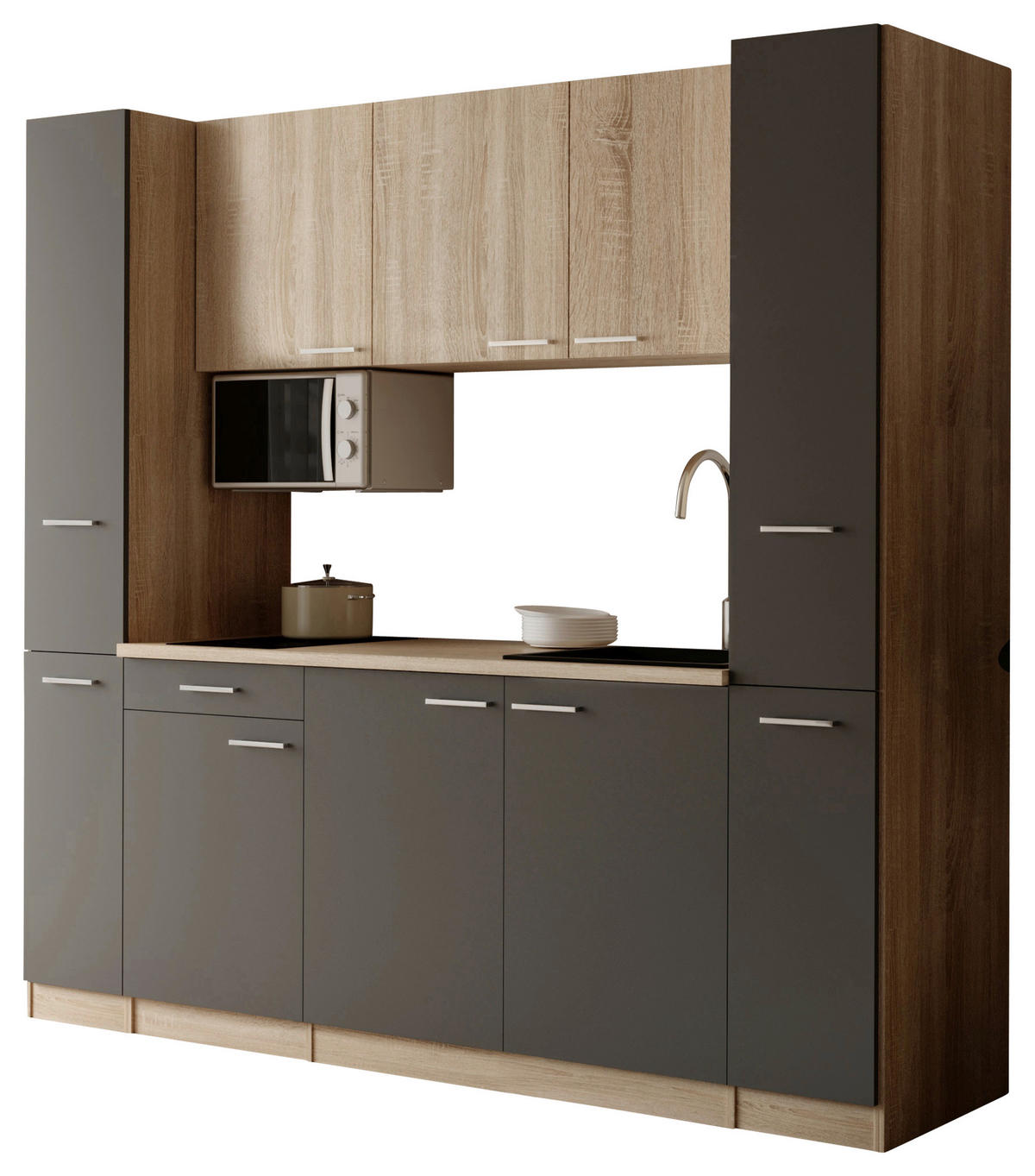 KÜCHENBLOCK Ingrid 210 cm  in Grau  - Eichefarben/Alufarben, Design, Holzwerkstoff/Kunststoff (210cm) - Respekta
