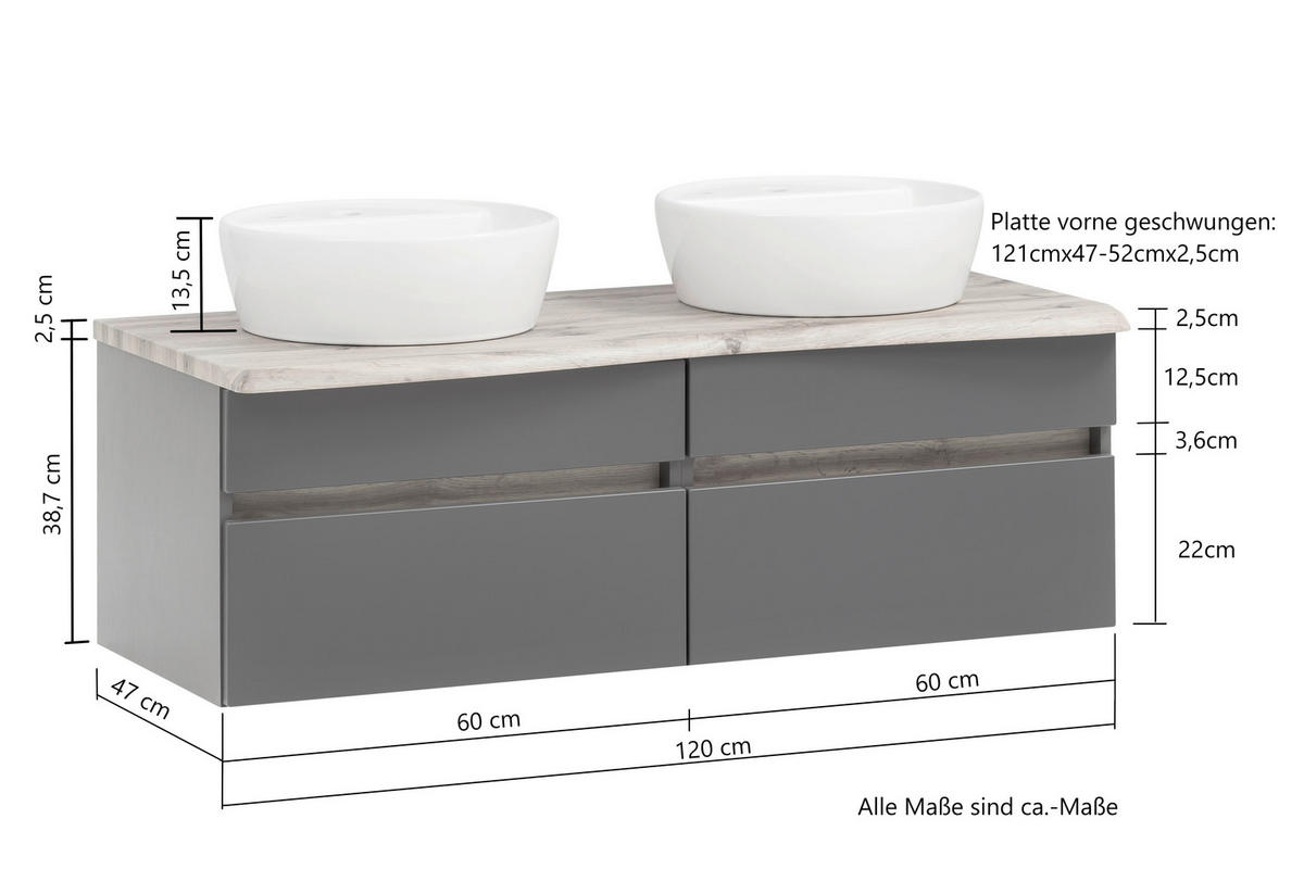 WASCHTISCHKOMBI 121 cm  - Graphitfarben/Weiß, Natur, Keramik/Holzwerkstoff (121cm) - Xora