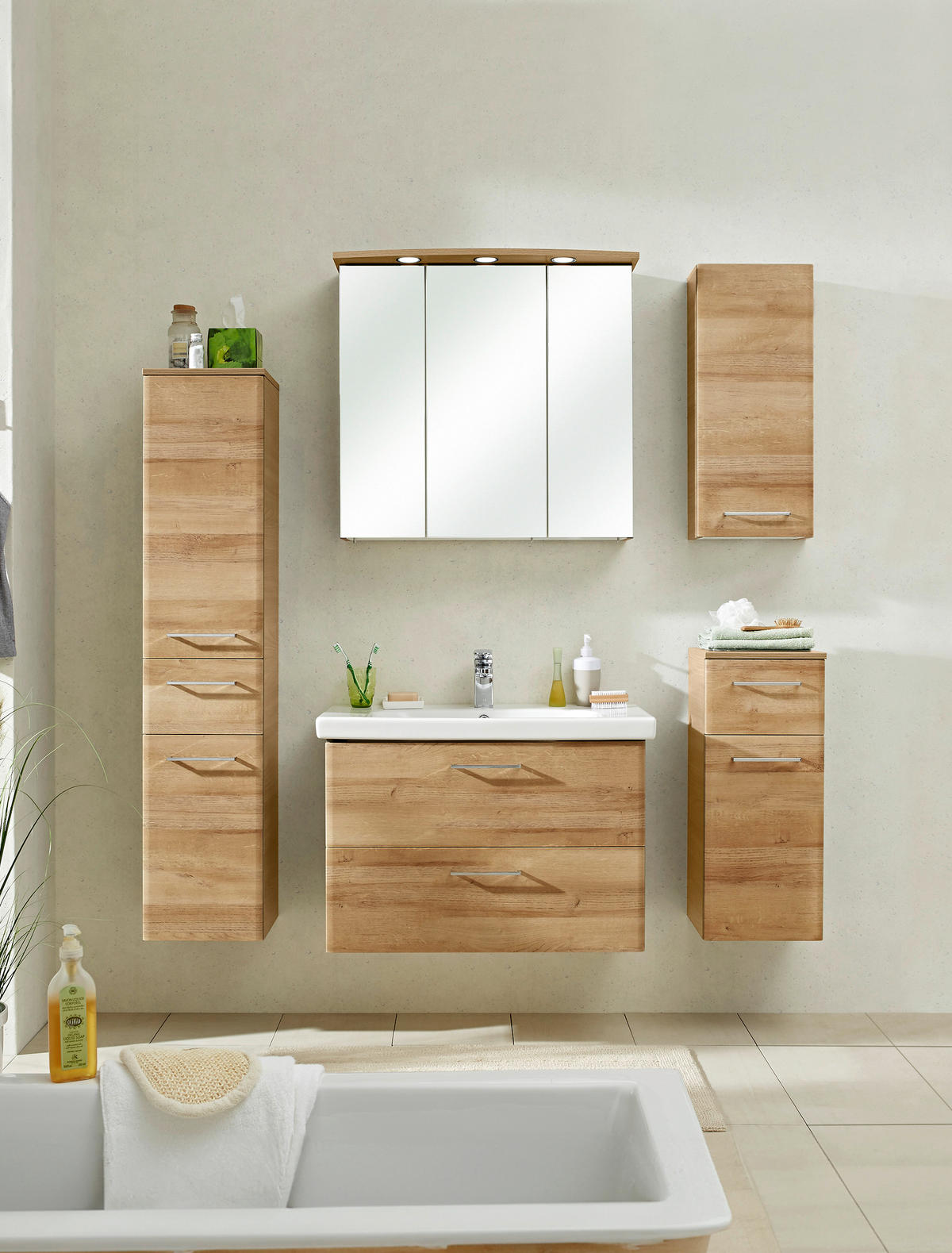 SKŘÍŇKA S UMYVADLEM, barvy dubu - bílá/barvy dubu, Konvenční, kompozitní dřevo/keramika (82cm) - Xora