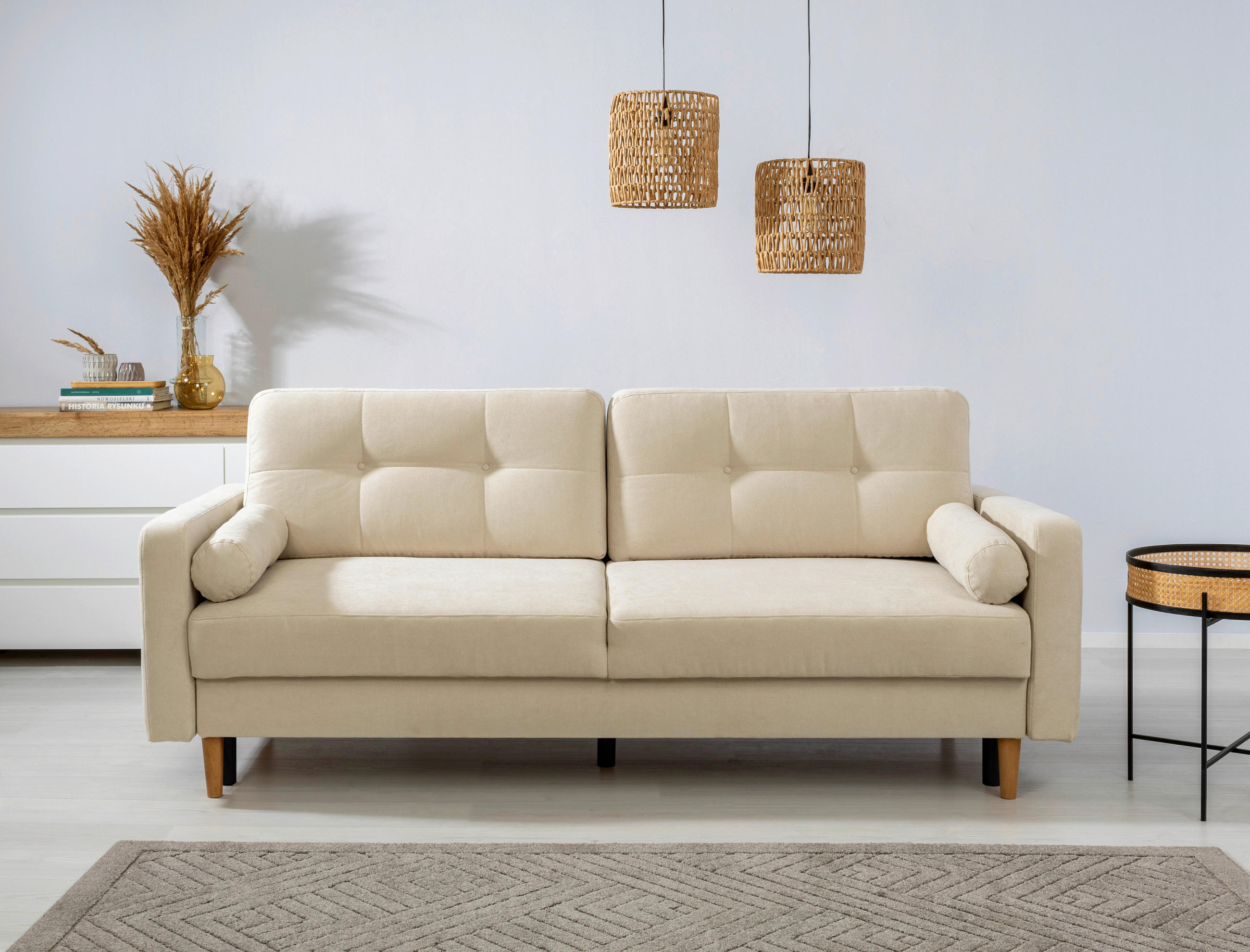 SCHLAFSOFA Noret  mit Rücken echt Beige  - Beige/Buchefarben, Design, Holz/Textil (222/93/99cm) - MID.YOU