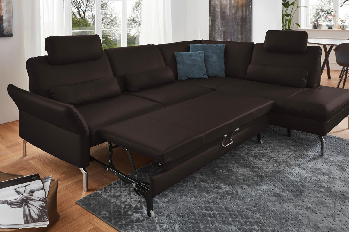 ECKSOFA in Echtleder Dunkelbraun  - Dunkelbraun/Alufarben, Konventionell, Leder/Metall (284/220cm) - Beldomo Premium
