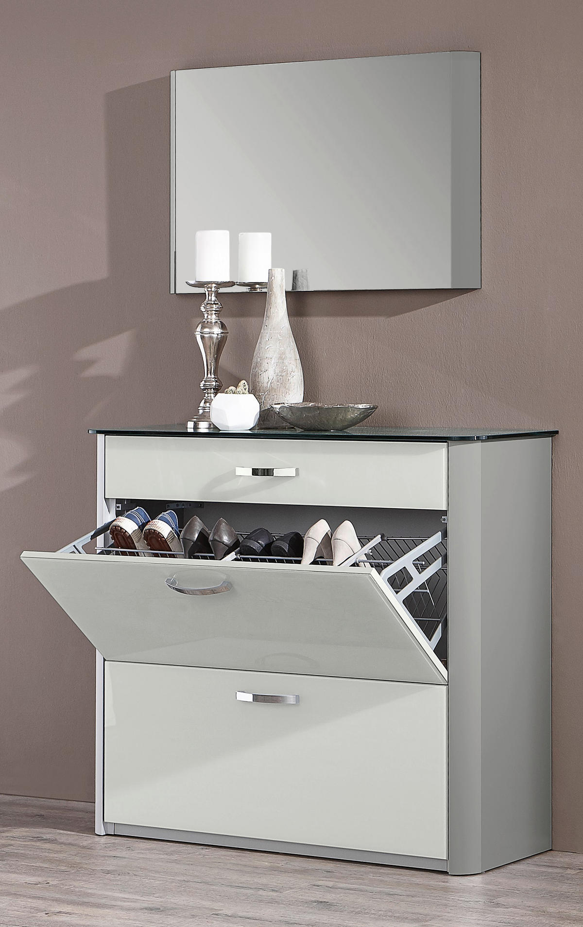 GARDEROBE 4-teilig  in 270/192/34 cm  - Weiss/Alufarben, Design, Glas/Holzwerkstoff (270/192/34cm) - Moderano