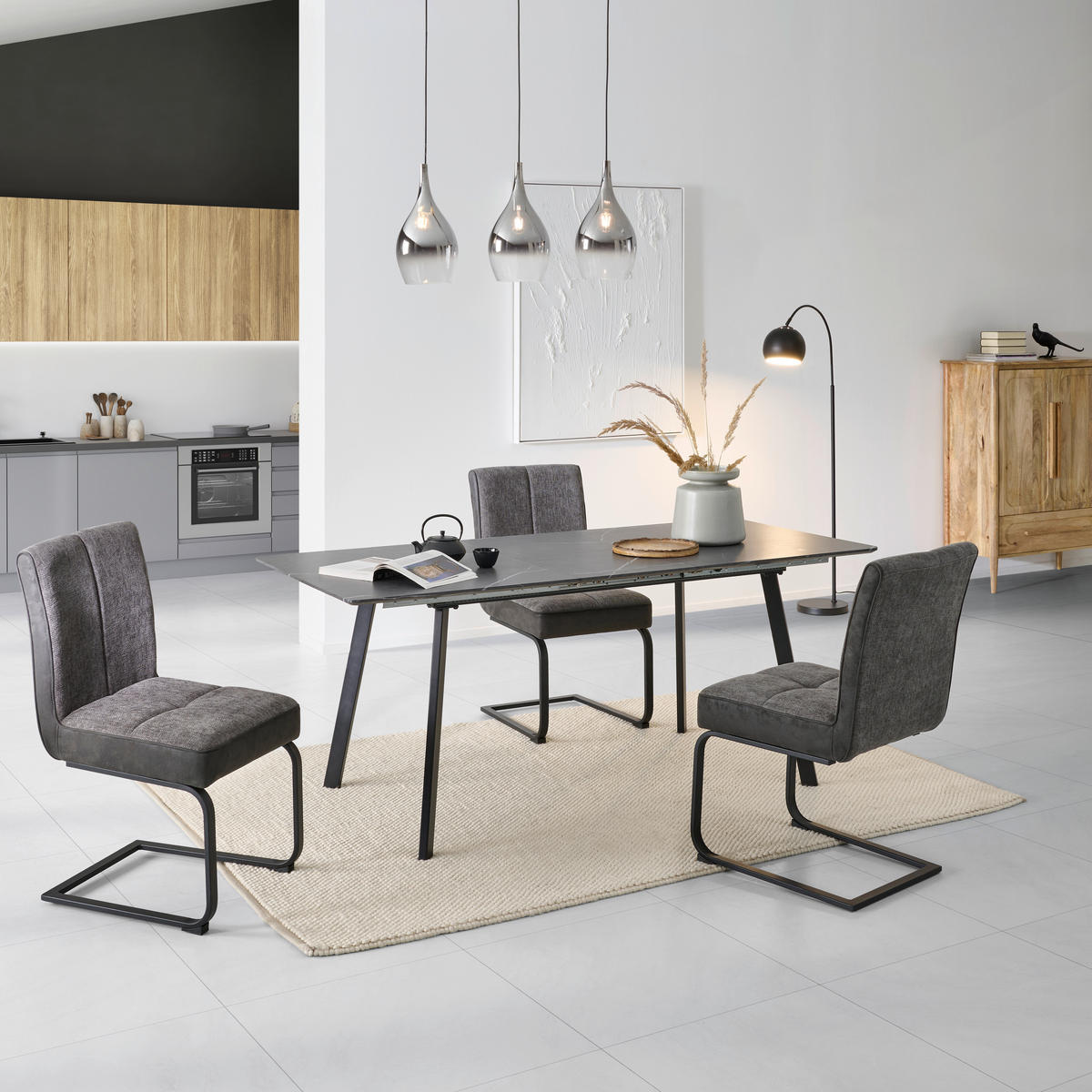 ESSTISCH Grau rechteckig  ausziehbar  - Schwarz/Grau, KONVENTIONELL, Holzwerkstoff/Metall (140/180/75/80cm) - MID.YOU