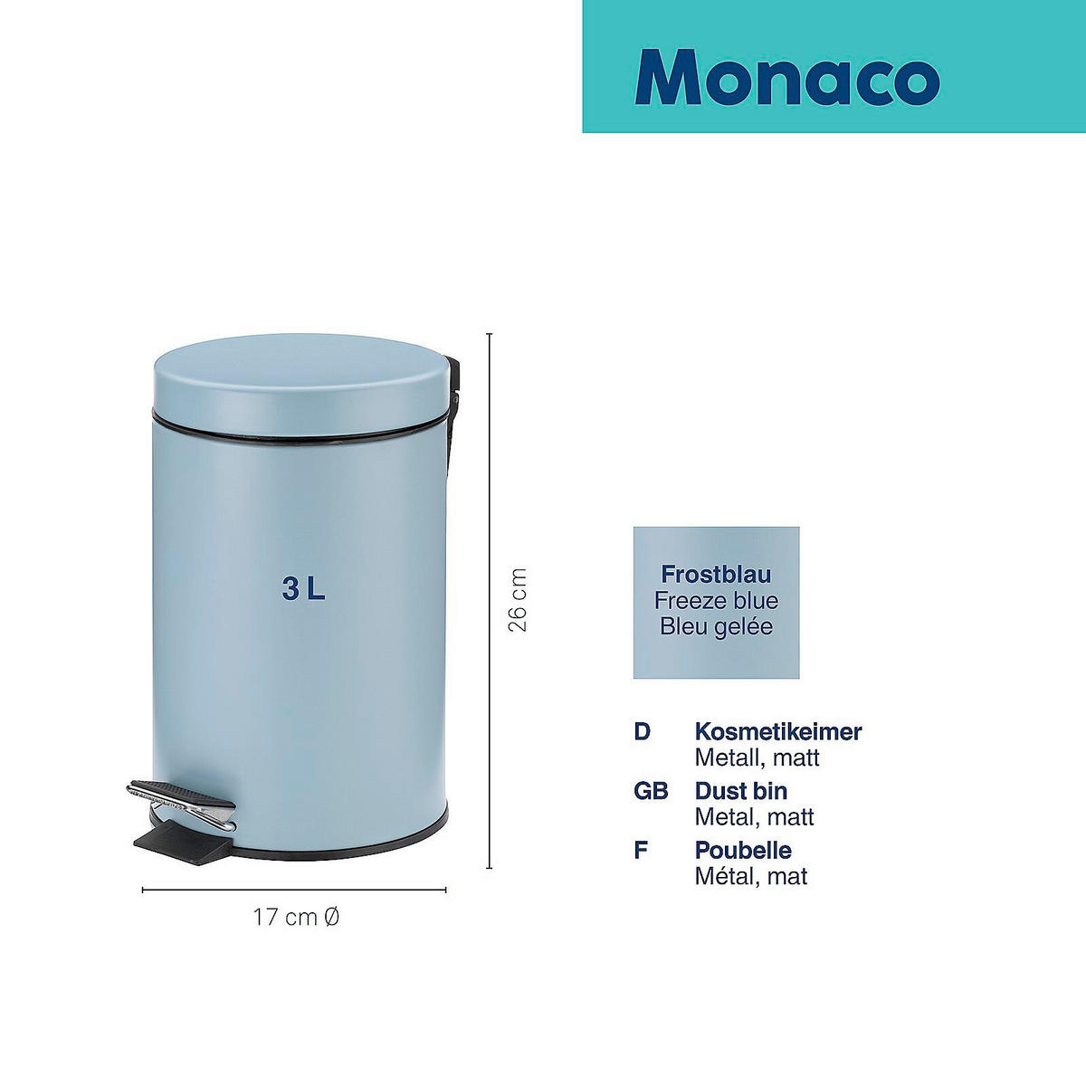KOSMETIKEIMER MONACO 3 L  - Schwarz/Hellblau, Basics, Kunststoff/Metall (17/26cm) - Kela