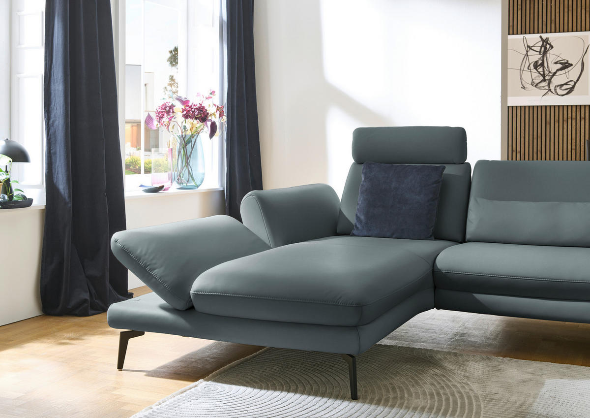 ECKSOFA in Echtleder Blaugrau  - Blaugrau/Schwarz, Design, Leder/Metall (195/308cm) - Dieter Knoll