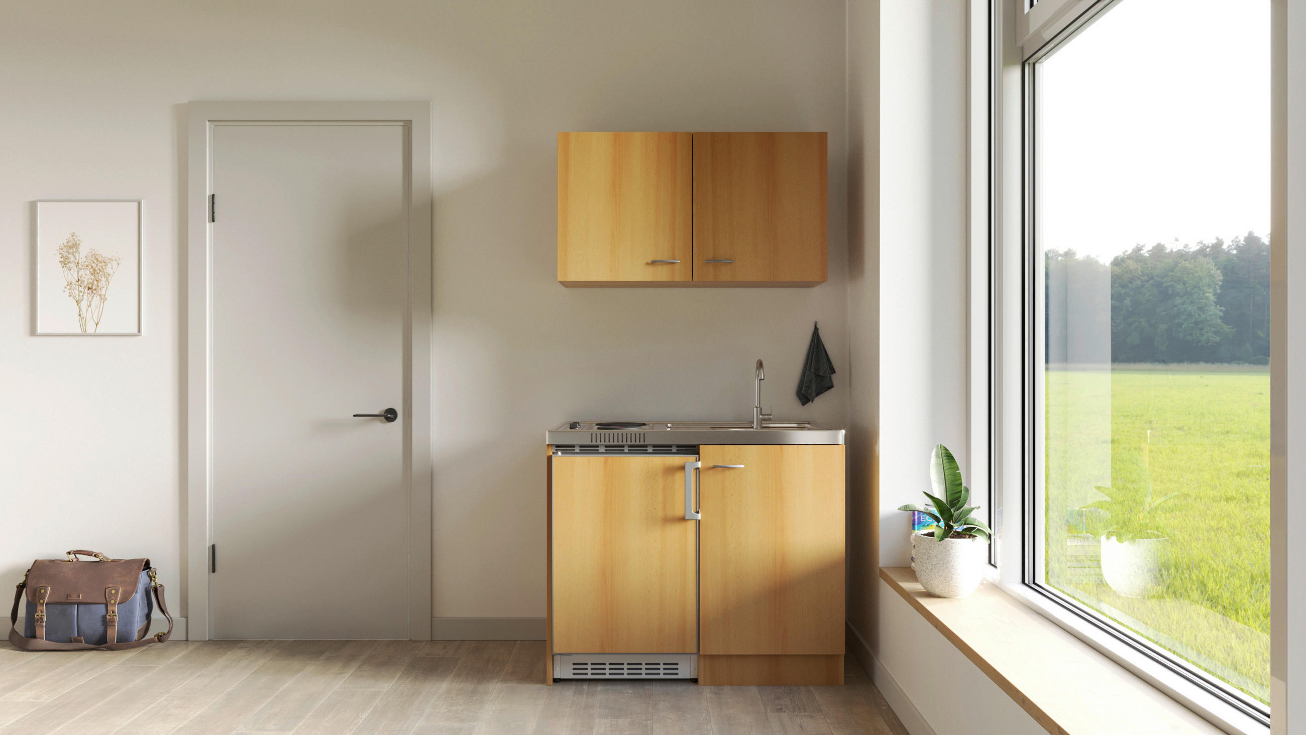MINIKÜCHE 100 cm in Buchefarben - Edelstahlfarben/Buchefarben, MODERN, Holzwerkstoff/Kunststoff (100cm) - FlexWell