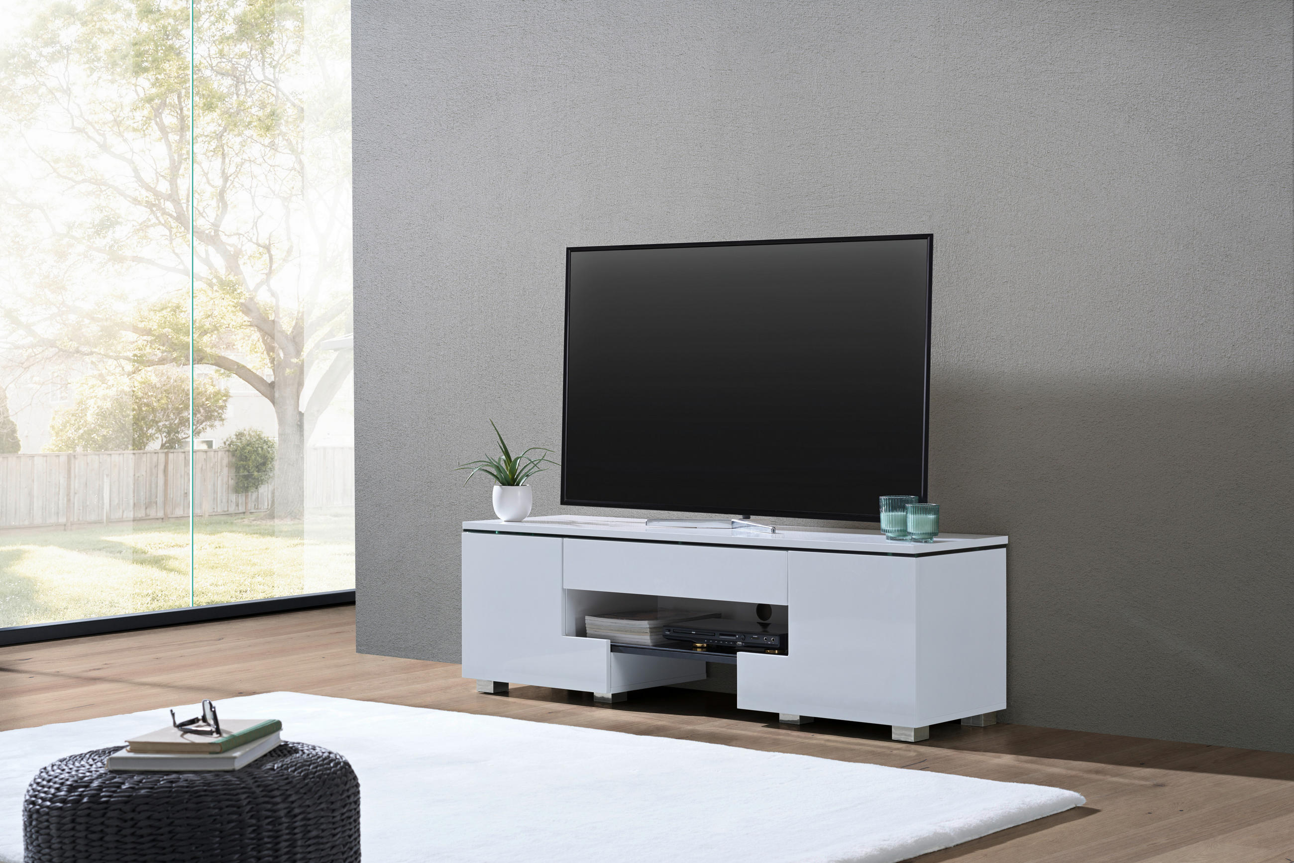 TV-BÄNK  i 140/44/40 cm  - vit/silver, Design, trämaterial/glas (140/44/40cm) - Carryhome