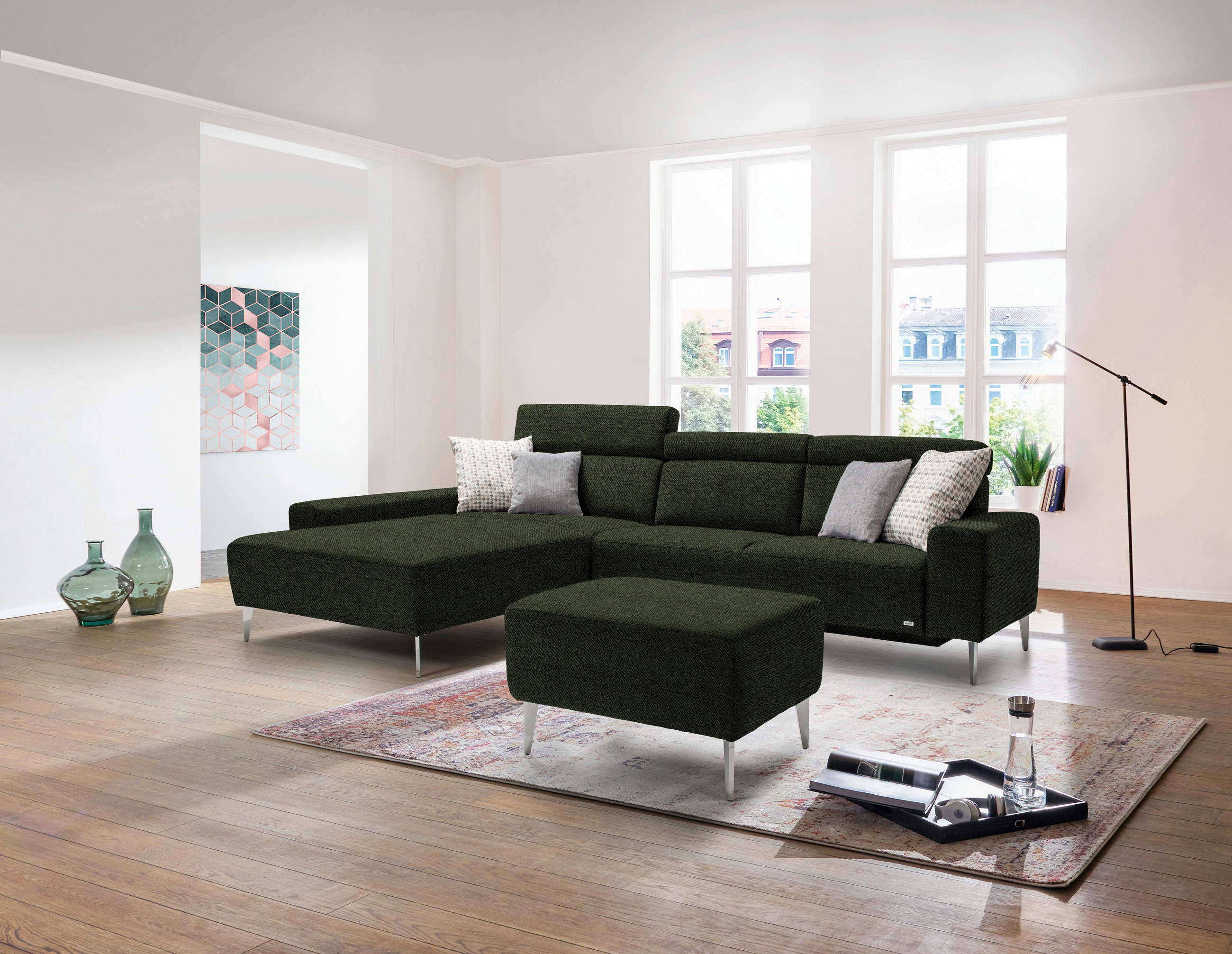 ECKSOFA in Webstoff Grün  205/308 cm  - Alufarben/Grün, Design, Textil/Metall (205/308cm) - Sedda