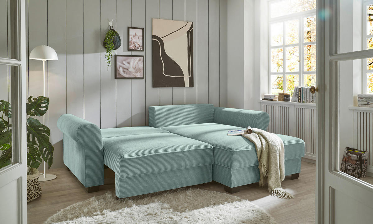 ECKSOFA Salbeigrün Cord  - Salbeigrün/Schwarz, KONVENTIONELL, Kunststoff/Textil (255/185cm) - Hom`in