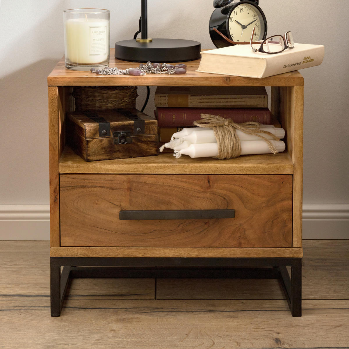 NACHTSCHRANK 40/40/35 cm Akazie massiv, vollmassiv  - Schwarz/Akaziefarben, Design, Holz/Metall (40/40/35cm) - home24