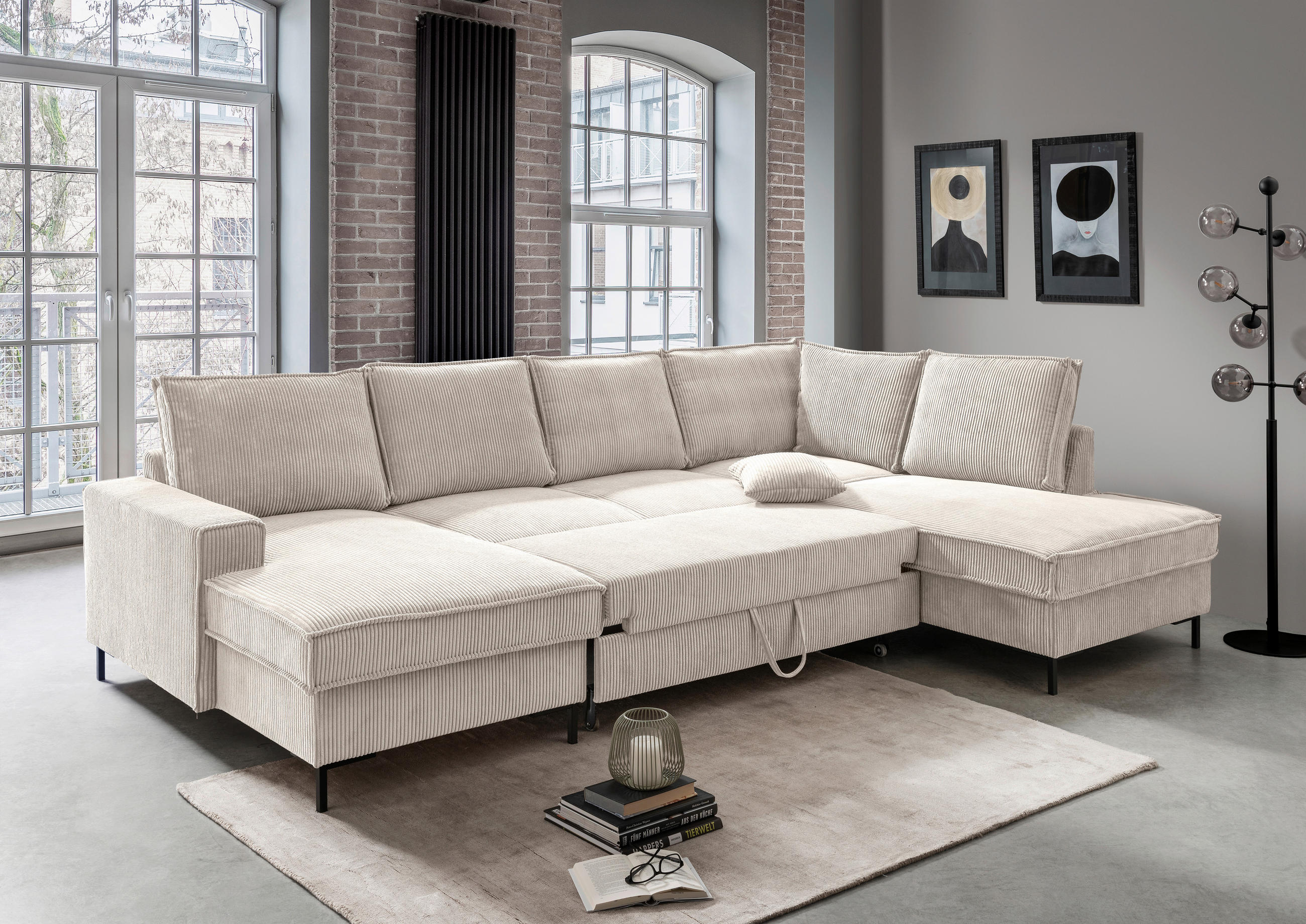 WOHNLANDSCHAFT Beige Cord  - Beige/Schwarz, MODERN, Textil/Metall (150/309/198cm) - MID.YOU