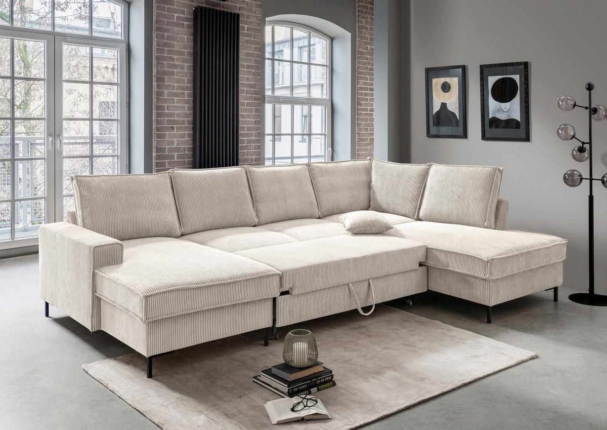 WOHNLANDSCHAFT in Cord Beige  - Beige/Schwarz, Modern, Textil/Metall (150/309/198cm) - MID.YOU