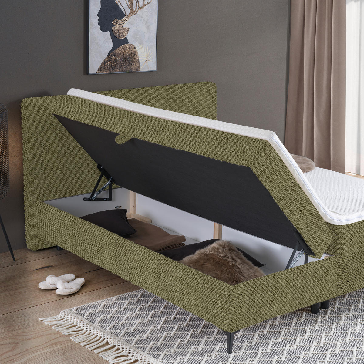 BOXBETT 160/200 cm  in Olivgrün  - Schwarz/Olivgrün, Design, Holz/Holzwerkstoff (160/200cm) - Xora