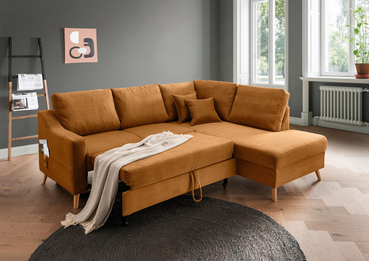 ECKSOFA Valentina Goldfarben Cord  - Goldfarben/Naturfarben, MODERN, Holz/Textil (230/200cm) - Livetastic