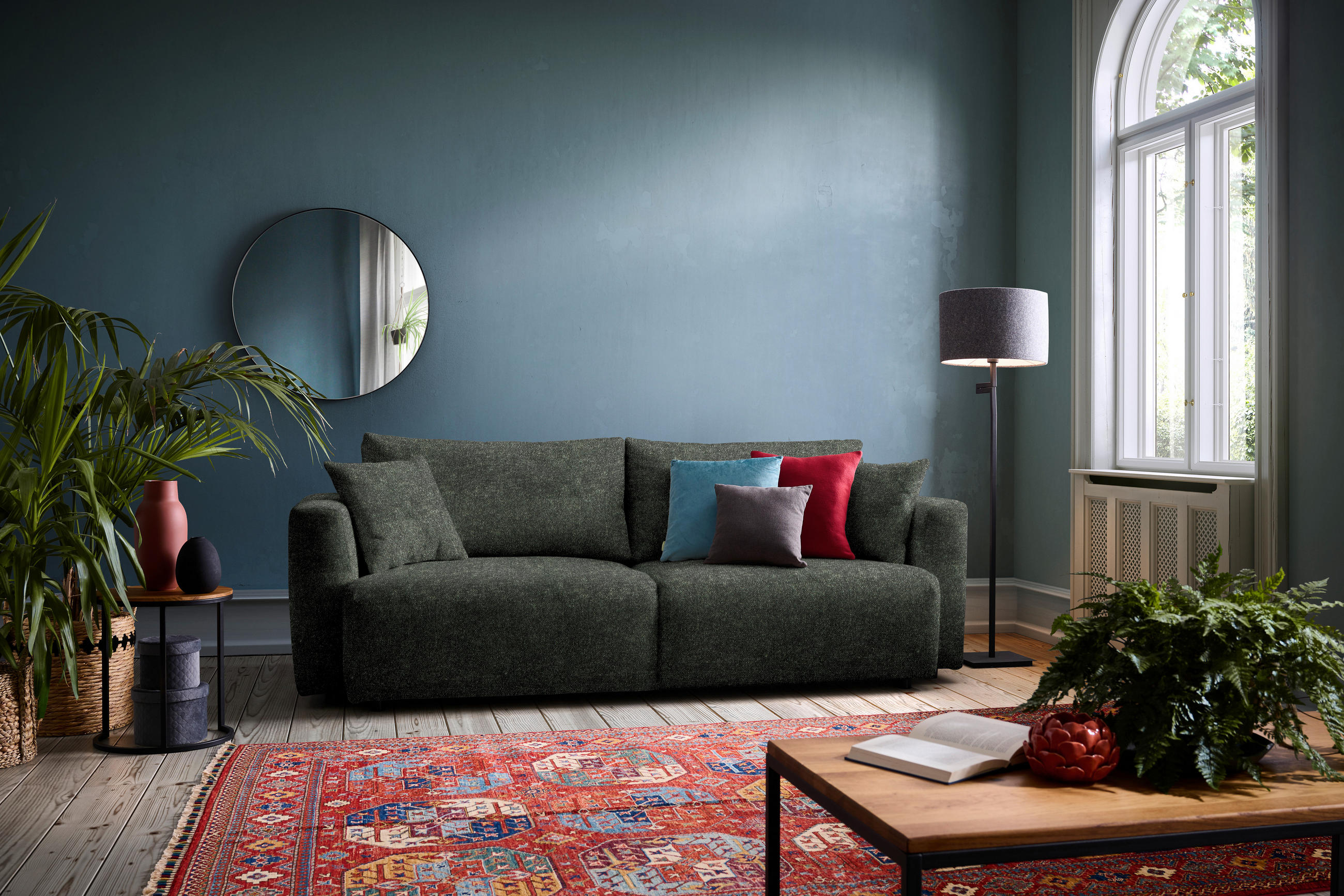 SCHLAFSOFA  mit Stoffauswahl, Schlafen auf Sitzhöhe, Rücken echt Velours Dunkelgrün  - Dunkelgrün/Schwarz, Design, Kunststoff/Textil (250/92/105cm) - Carryhome