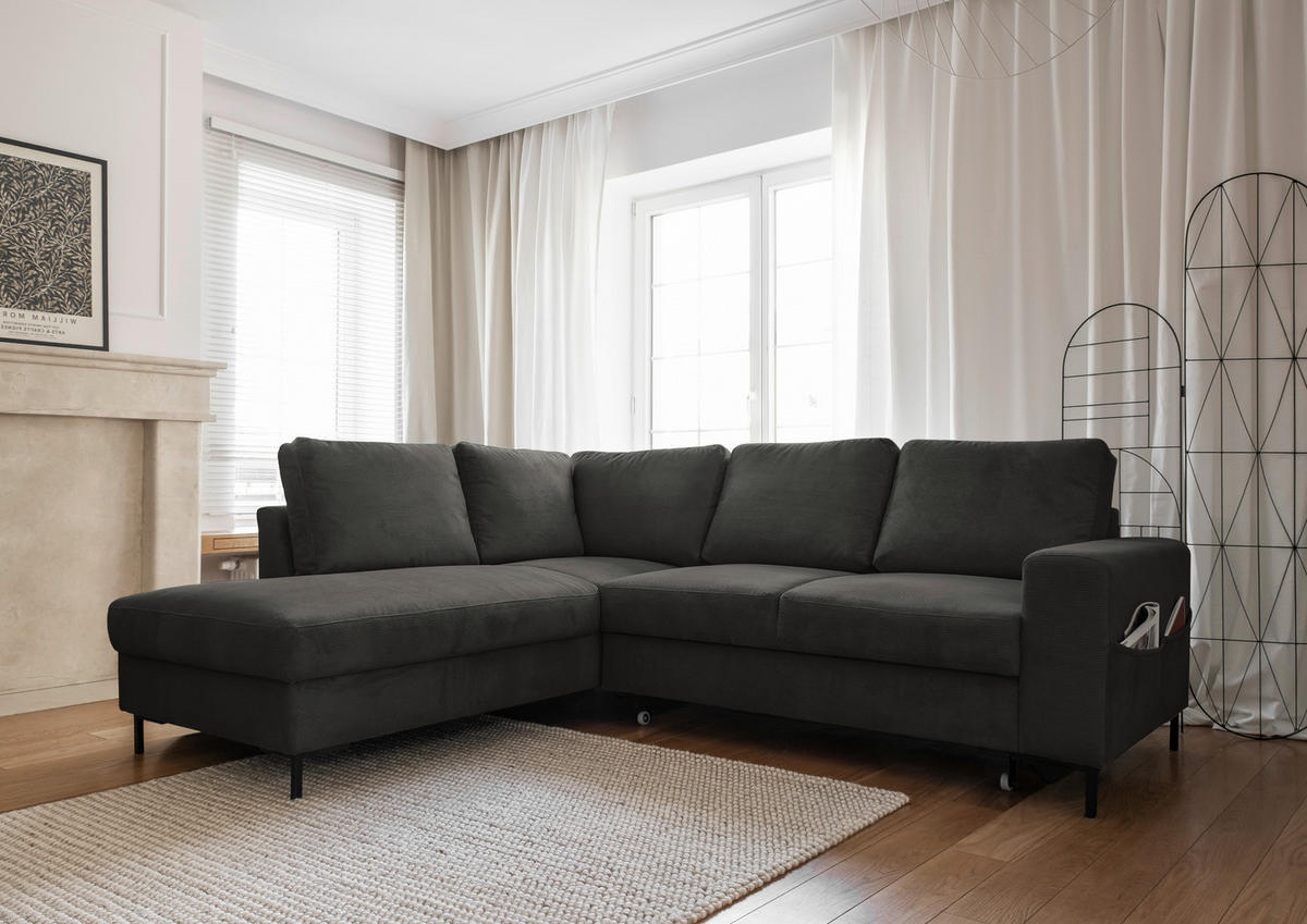 ECKSOFA in Cord Grau  - Schwarz/Grau, Design, Textil/Metall (197/237cm) - MID.YOU
