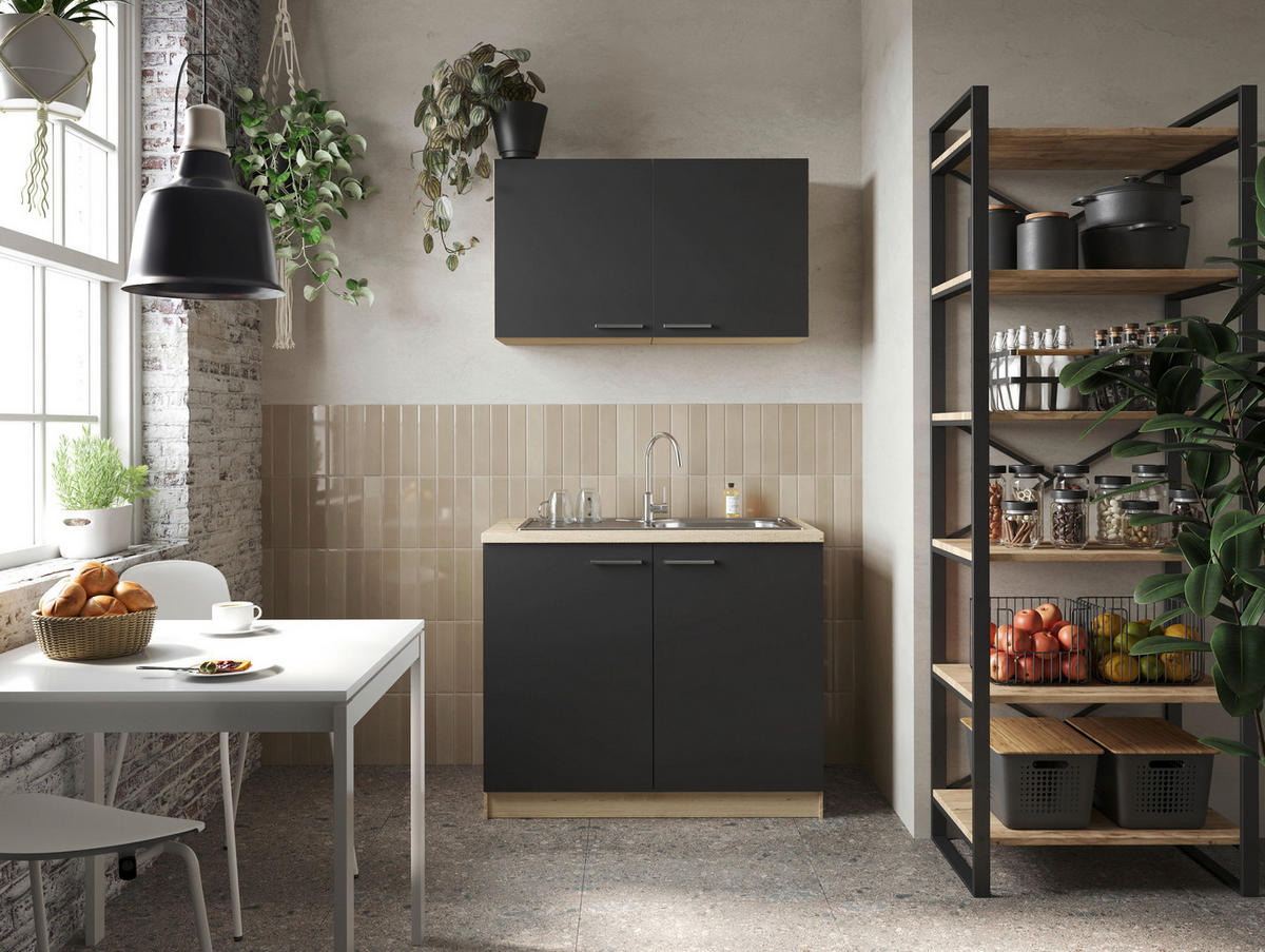 MINIKÜCHE 100 cm   in Schwarz, Eichefarben  - Eichefarben/Silberfarben, Basics, Holzwerkstoff/Metall (100cm) - Respekta