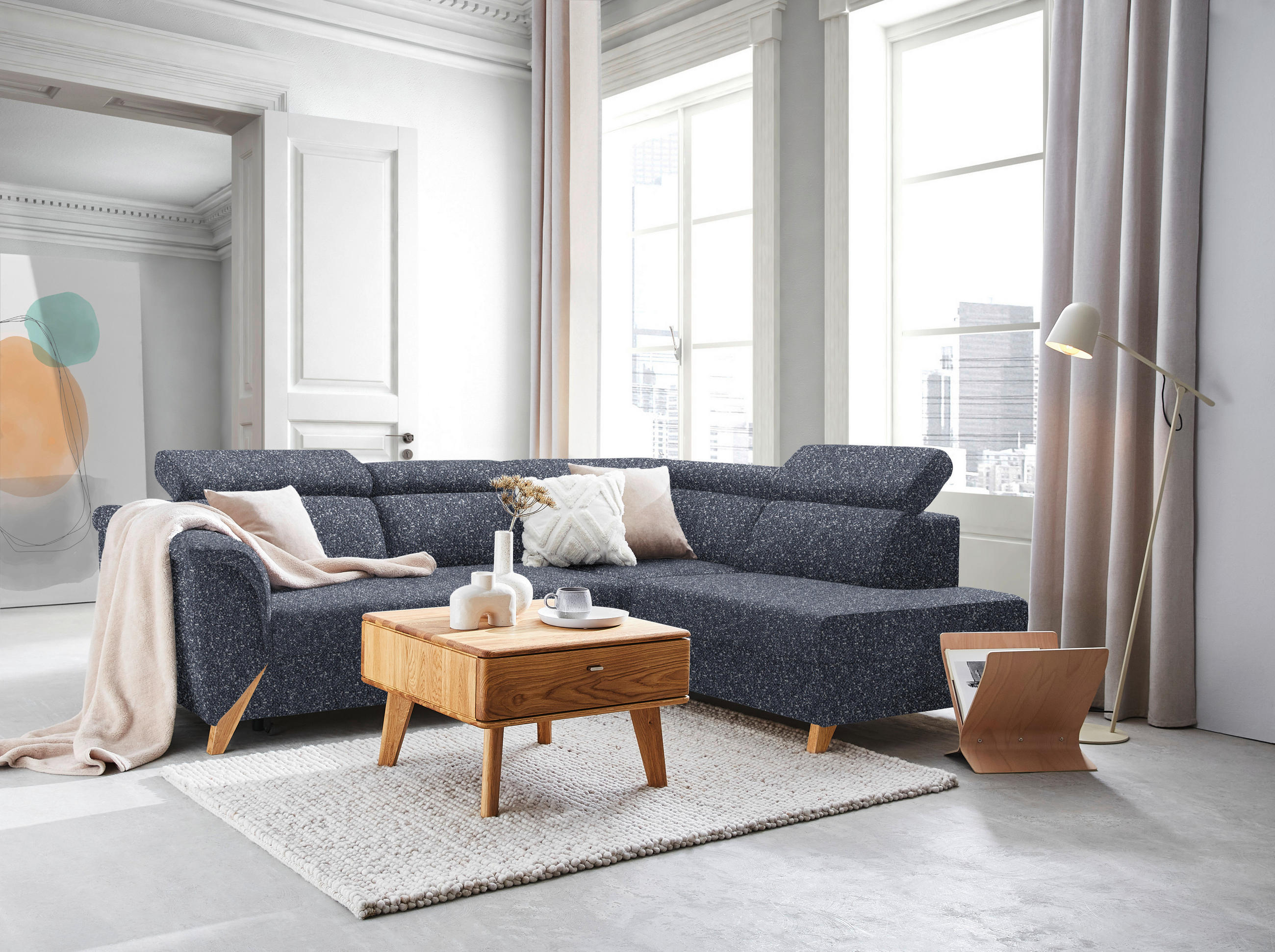 ECKSOFA  in Bouclé Dunkelblau  265/200 cm  - Naturfarben/Dunkelblau, KONVENTIONELL, Holz/Textil (265/200cm) - Stylife