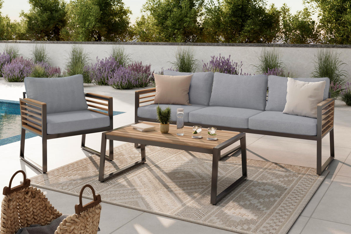 LOUNGEGARNITUR Teakholz Aluminium  - Schwarz, MODERN, Holz/Metall (203/74,5/85cm) - Ambia Garden