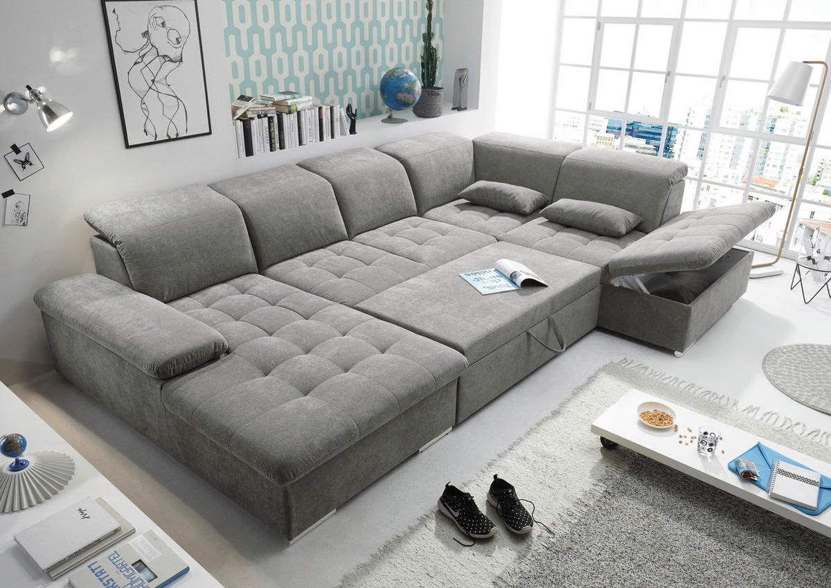 WOHNLANDSCHAFT Schlammfarben Mikrovelours  - Schlammfarben/Silberfarben, KONVENTIONELL, Kunststoff/Textil (188/340/240cm) - MID.YOU