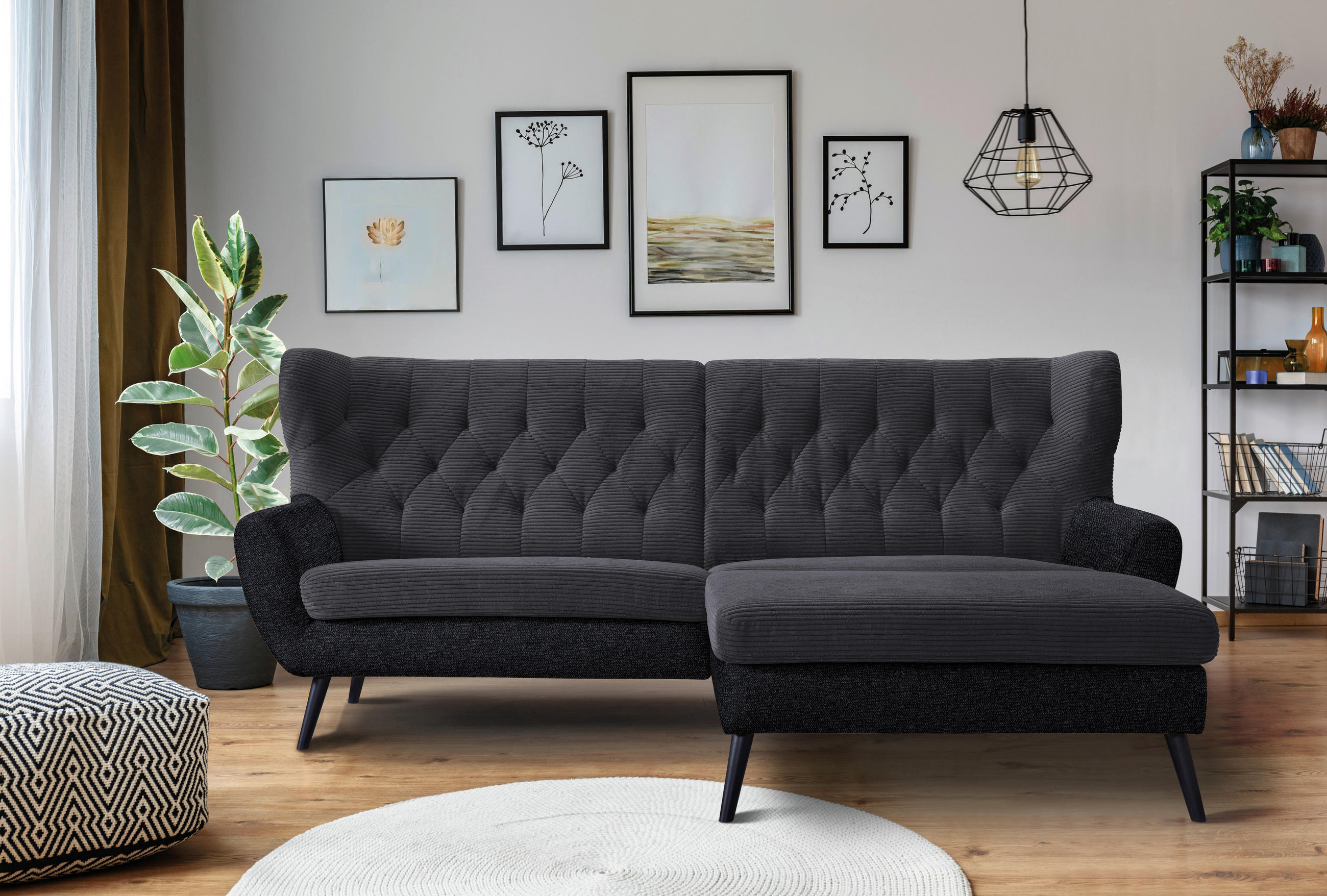 ECKSOFA in Cord Anthrazit  - Anthrazit/Schwarz, Design, Holz/Textil (237/165cm) - Stylife