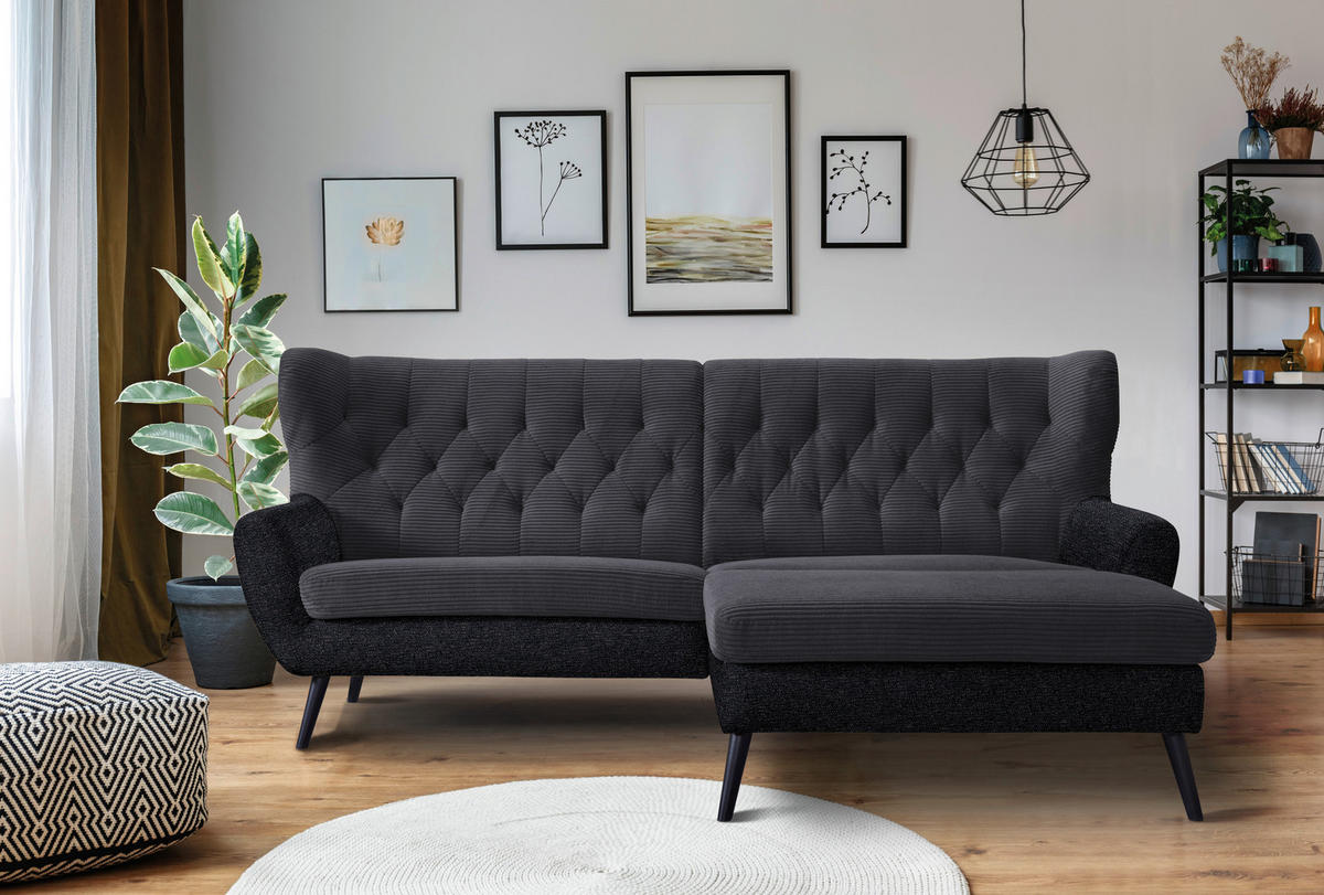 ECKSOFA in Cord Anthrazit  - Anthrazit/Schwarz, Design, Holz/Textil (237/165cm) - Stylife