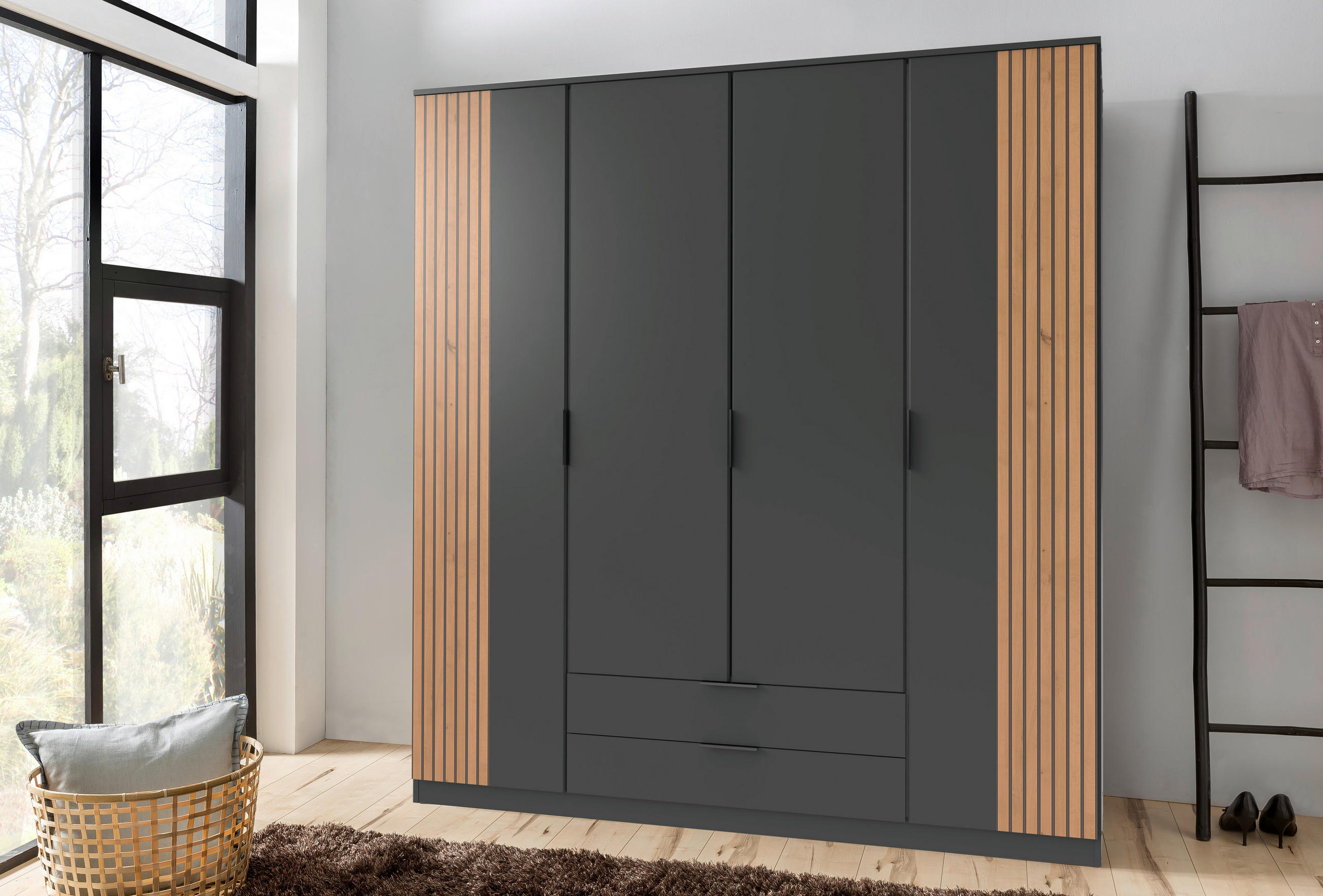 GARDEROB 180/199/58 cm 4-dörrar - grafitfärgad/svart, Klassisk, metall/trämaterial (180/199/58cm) - Best Price