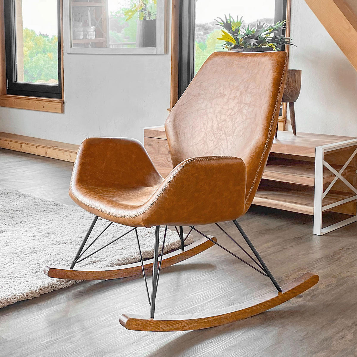 SCHAUKELSTUHL in Lederlook Cognac  - Eichefarben/Cognac, KONVENTIONELL, Holz/Textil (74/94/85cm) - Carryhome