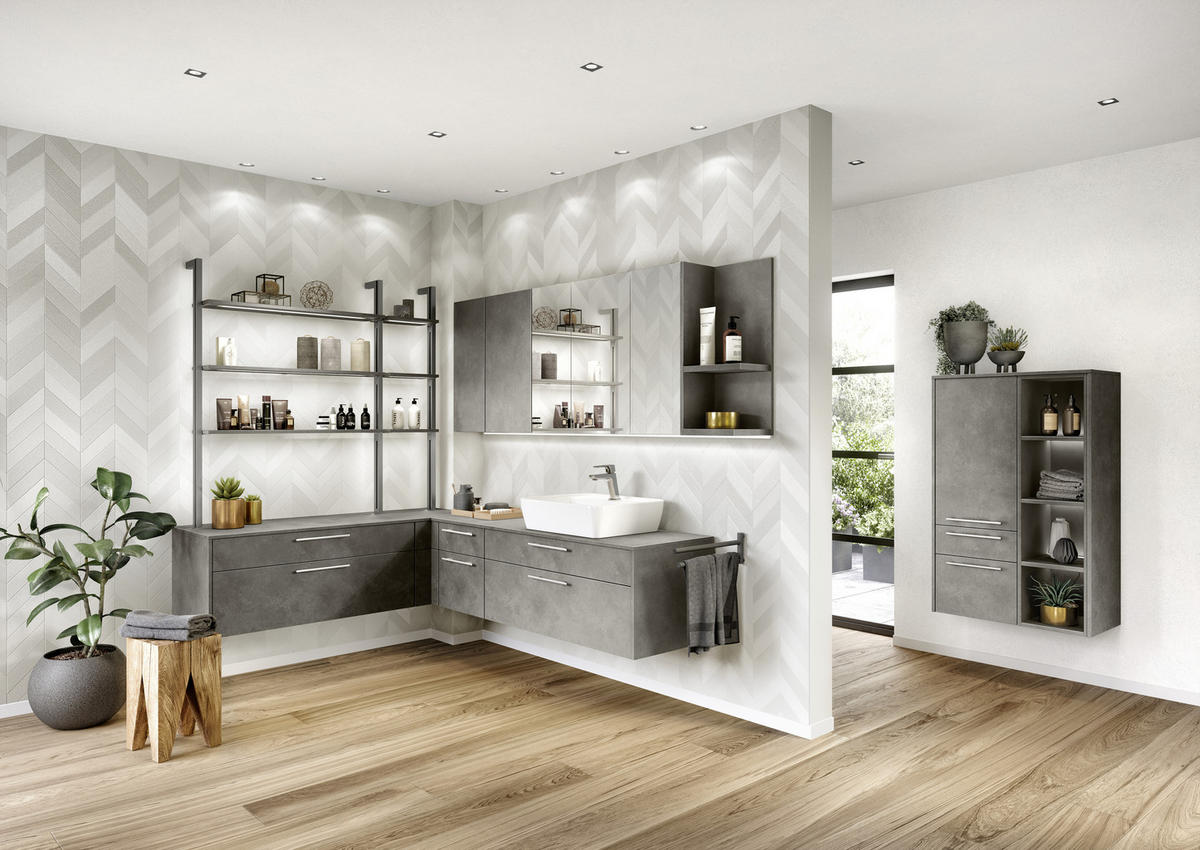 BADEZIMMER 3-teilig  in 81 cm  - Edelstahlfarben/Weiß Hochglanz, MODERN, Holzwerkstoff/Stein (81cm) - Nobilia