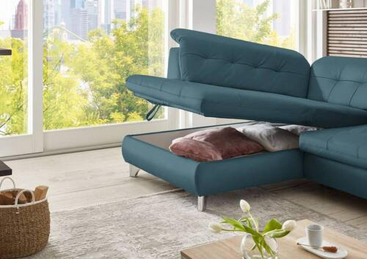 ECKSOFA in Echtleder Blau  - Blau, Basics, Leder/Metall (211/309cm) - Beldomo Speed