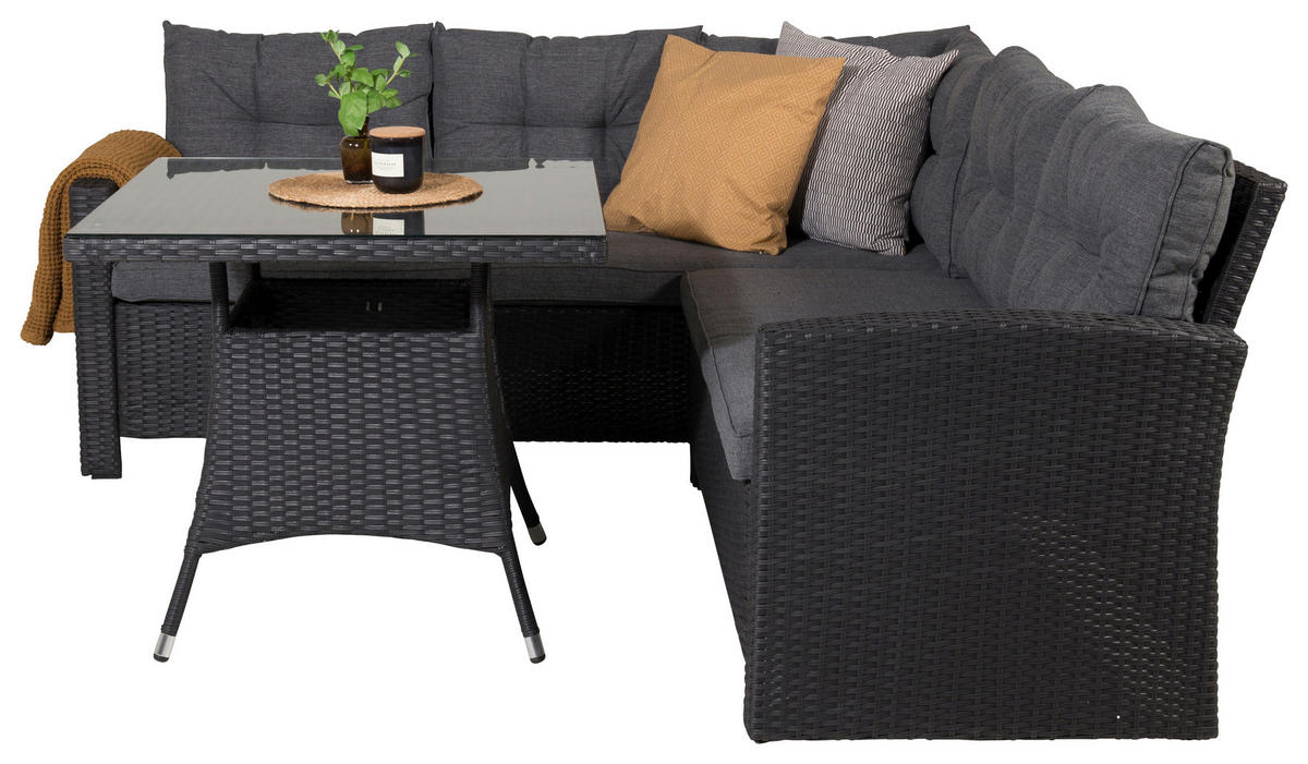 LOUNGEGARNITUR    - Schwarz/Grau, KONVENTIONELL, Glas/Kunststoff - Gardenson