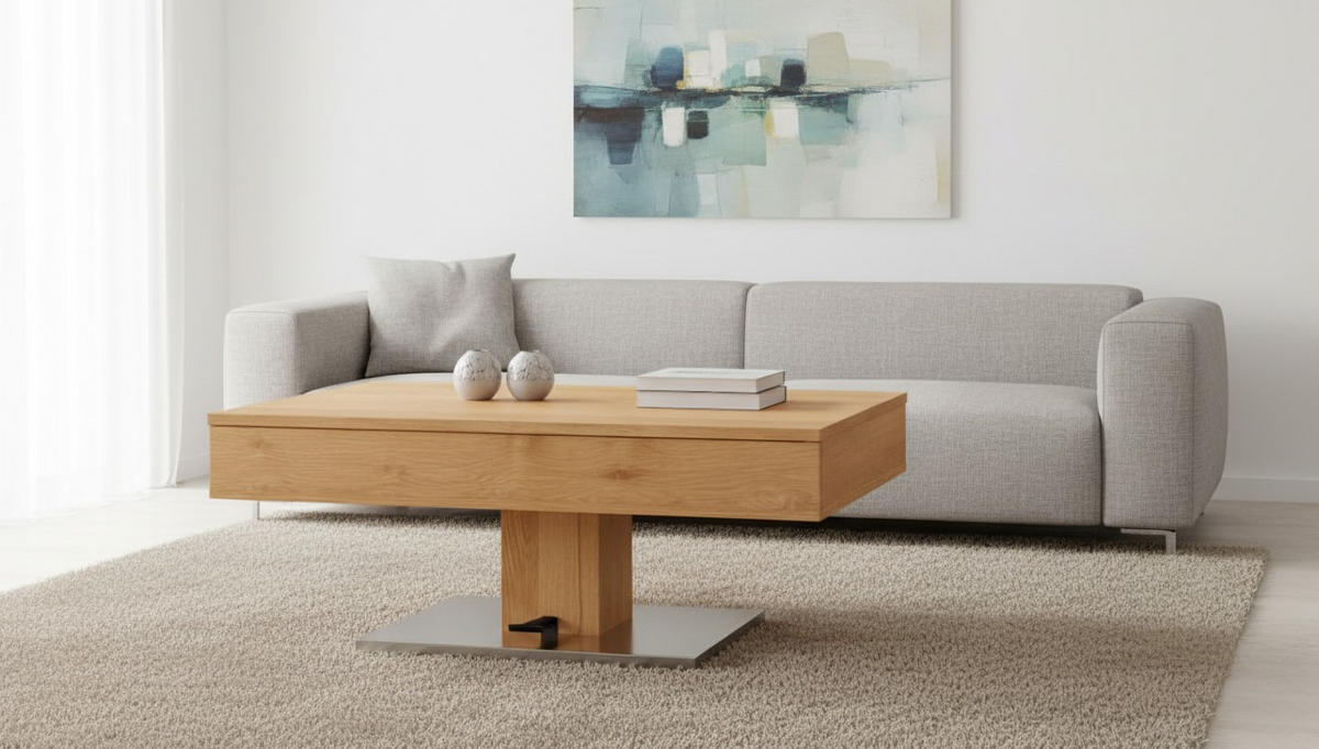 COUCHTISCH Eiche furniert 110/46,5/65 cm rechteckig Schwarz, Eichefarben, Edelstahlfarben  - Edelstahlfarben/Eichefarben, Design, Holz/Holzwerkstoff (110/46,5/65cm) - Livetastic