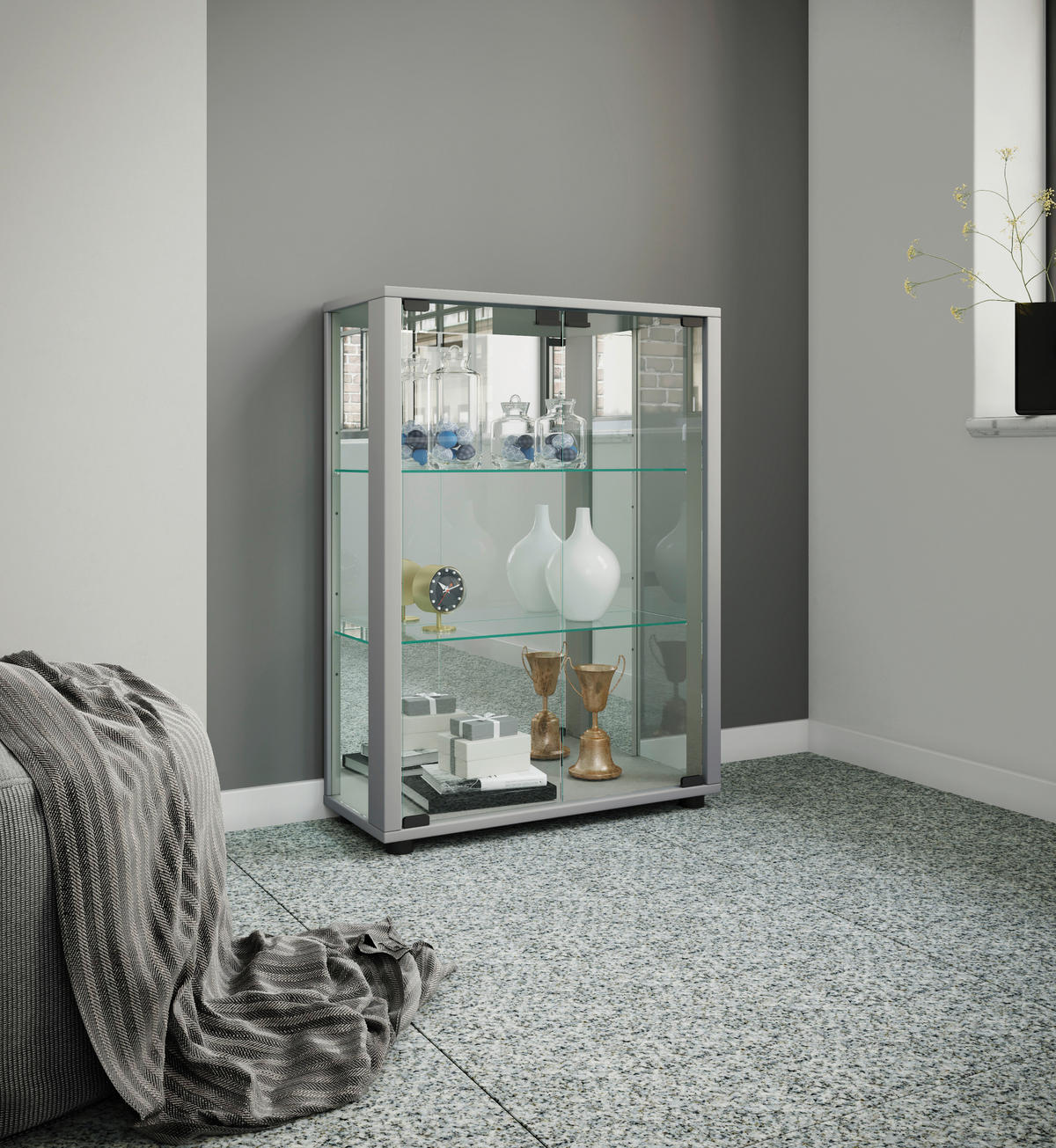VITRINE in Silberfarben  - Silberfarben/Schwarz, Modern, Glas/Holzwerkstoff (60/80/25cm) - MID.YOU