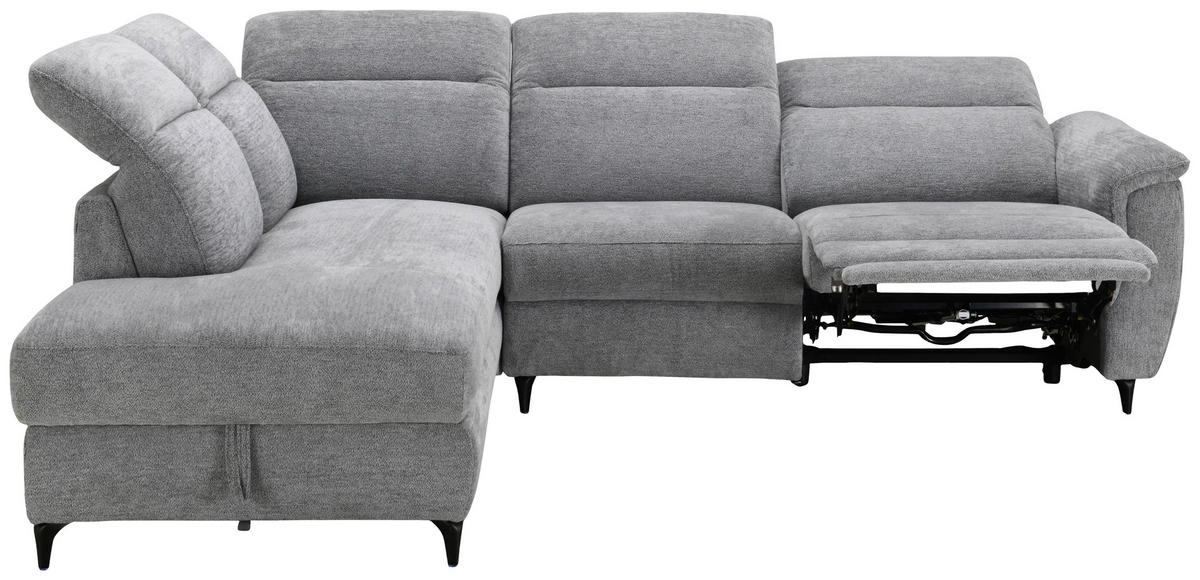 ECKSOFA Grau Chenille Relaxfunktion, Kopfteilverstellung, Stauraum  - Schwarz/Grau, Design, Textil/Metall (220/266cm) - Xora