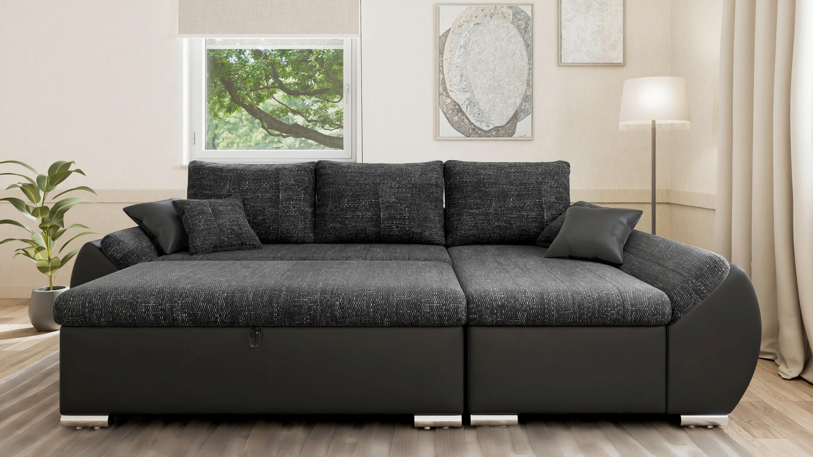 ECKSOFA, inkl. Hocker  AURO Schwarz  - Silberfarben/Schwarz, Design, Kunststoff/Textil (275/155cm) - MID.YOU